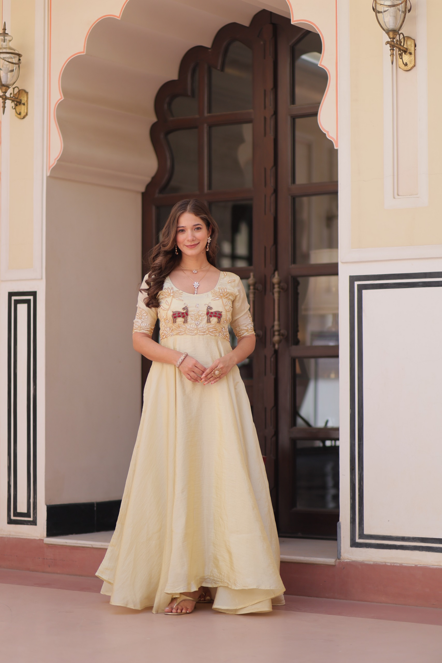 Off White Gold Crush Beads Embroidered Gown