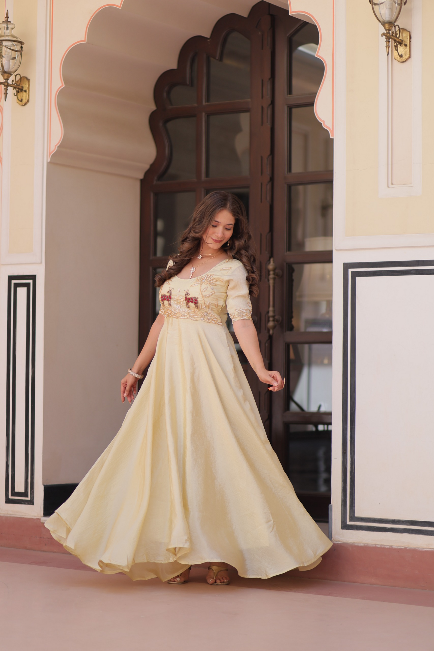 Off White Gold Crush Beads Embroidered Gown