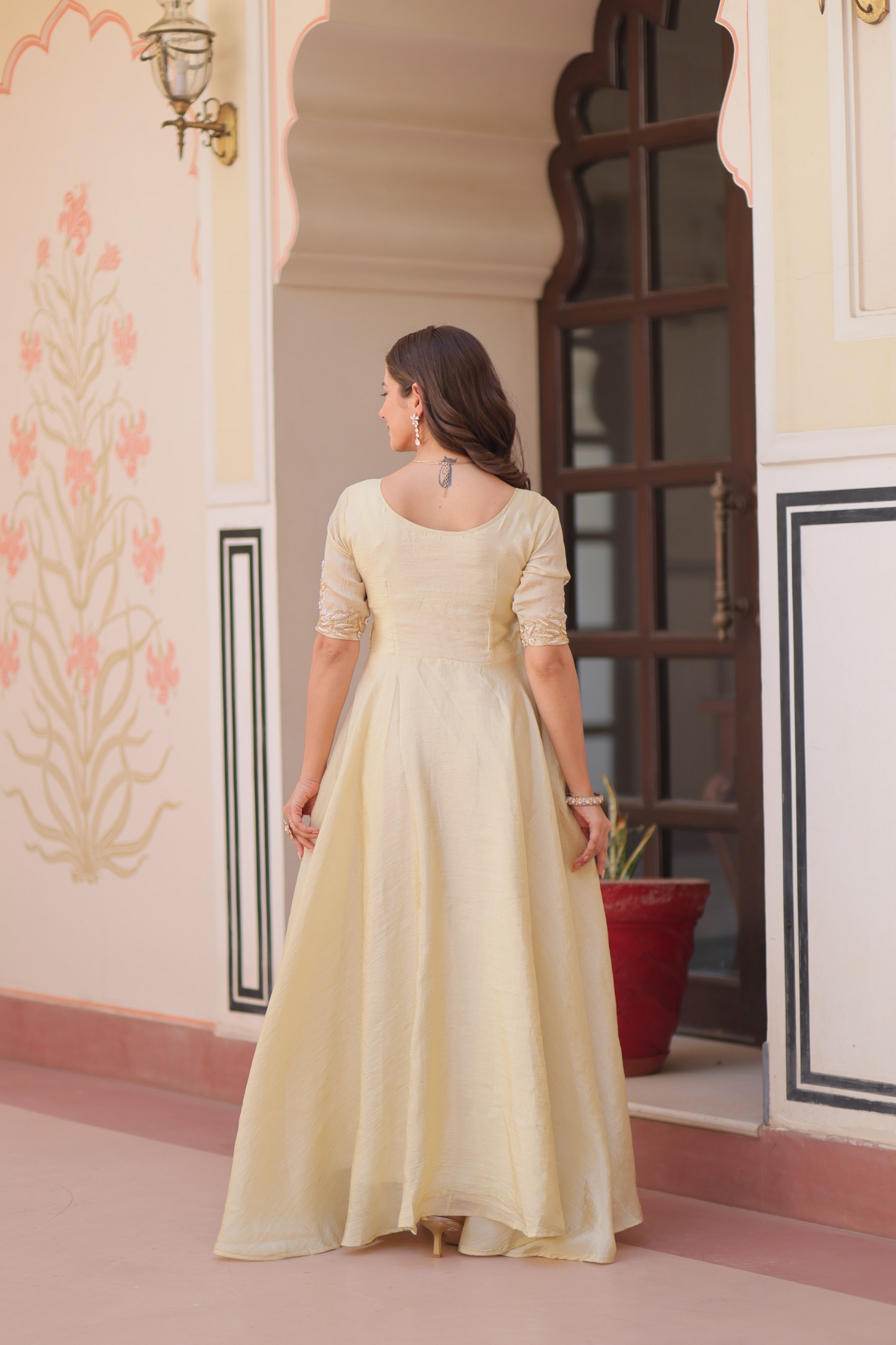 Off White Gold Crush Beads Embroidered Gown