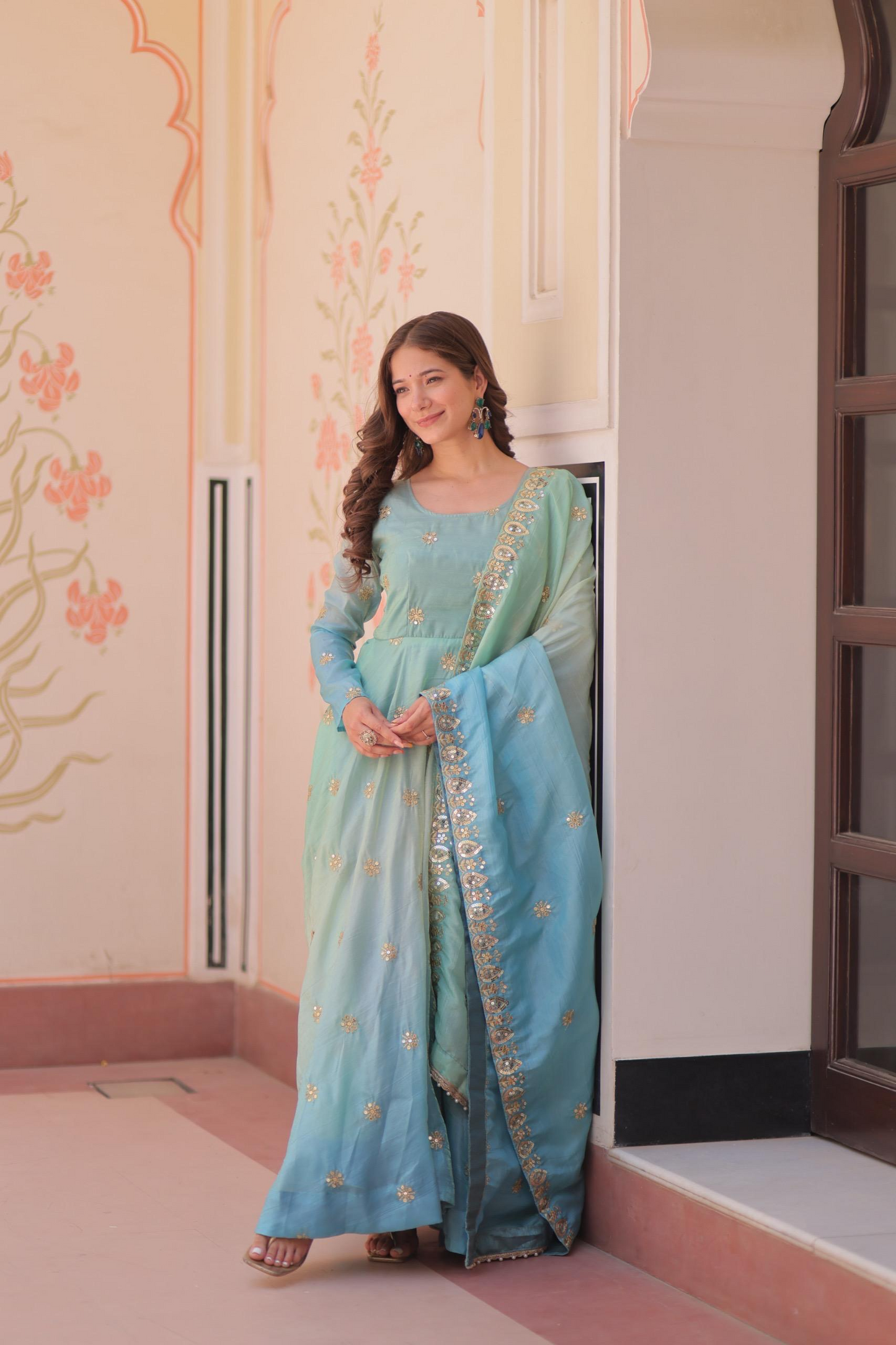 Sky Organza Sequins-Multi & Zari Embroidered Gown With Dupatta