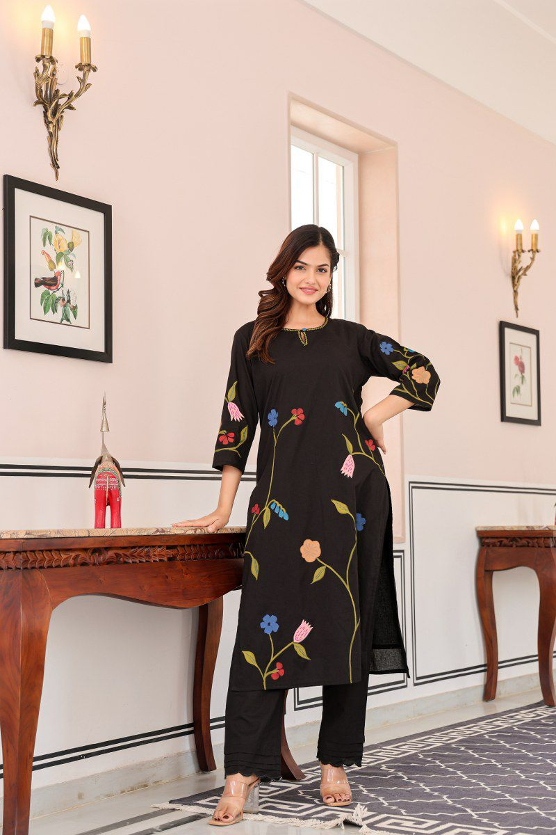Black Brush Paint Cotton Kurti & Pant