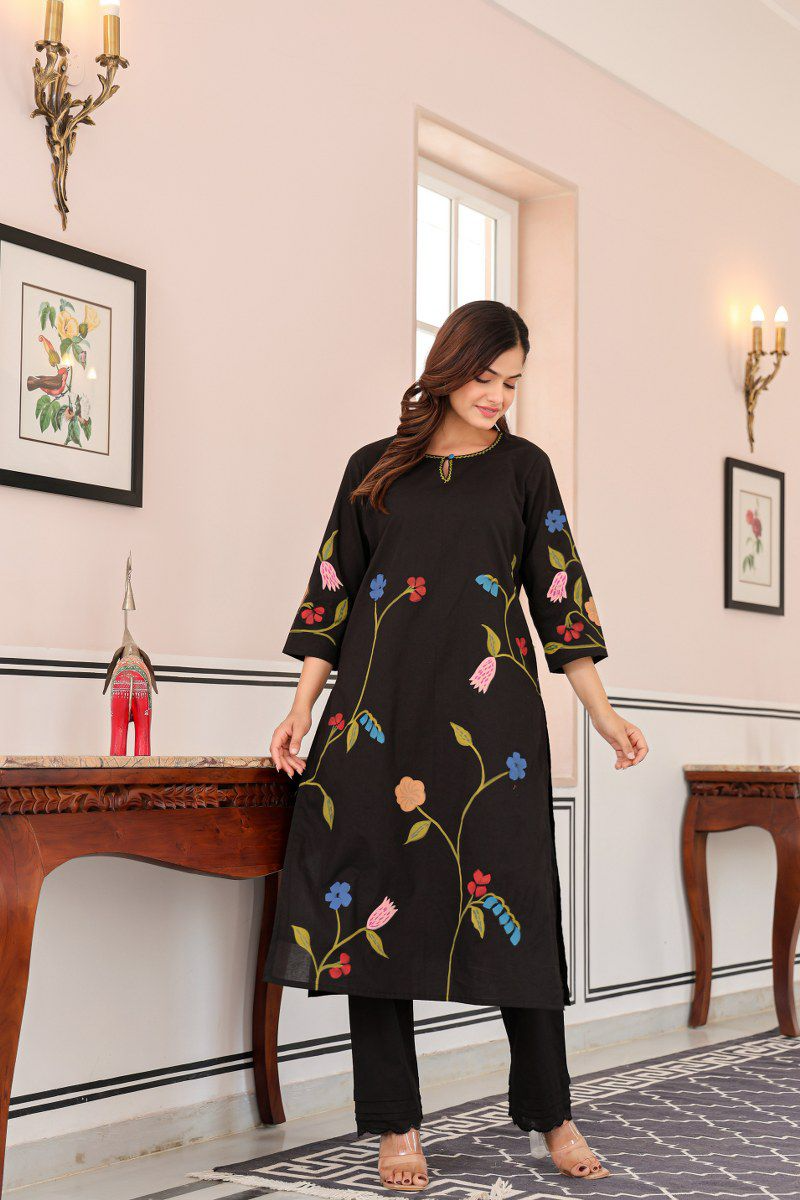 Black Brush Paint Cotton Kurti & Pant