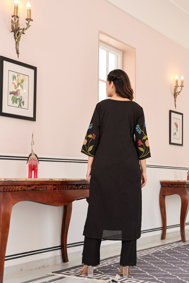 Black Brush Paint Cotton Kurti & Pant