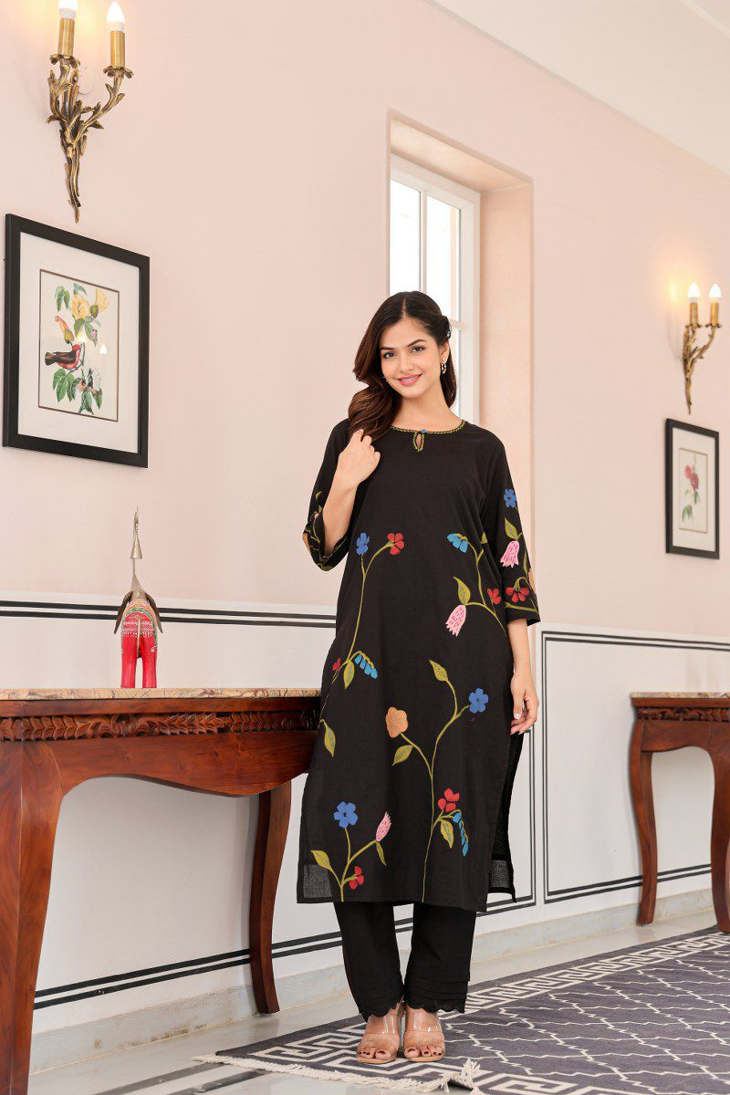 Black Brush Paint Cotton Kurti & Pant