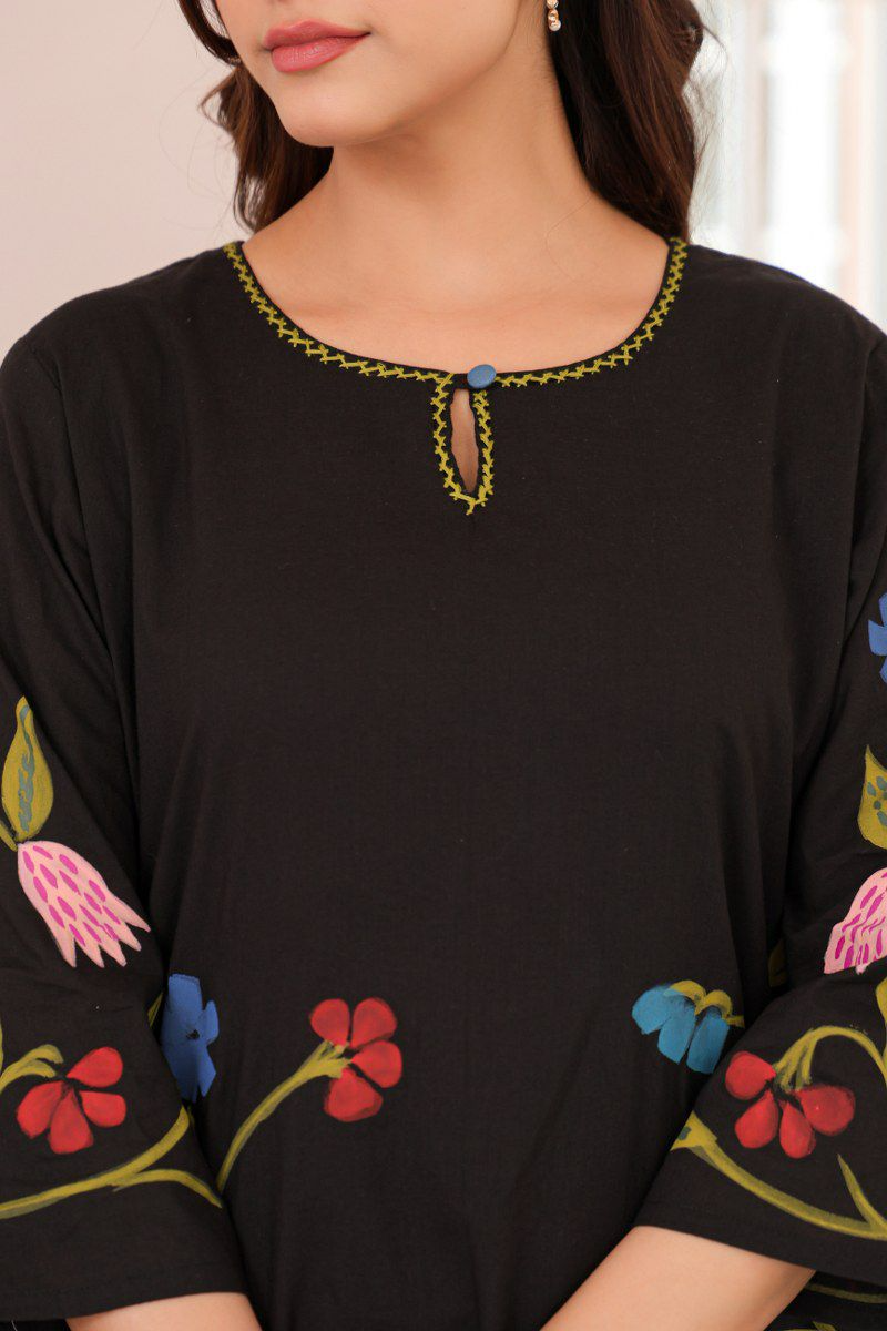 Black Brush Paint Cotton Kurti & Pant