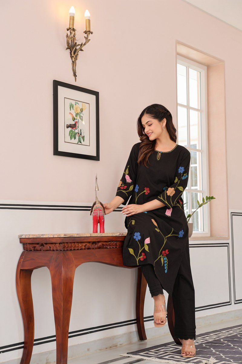 Black Brush Paint Cotton Kurti & Pant