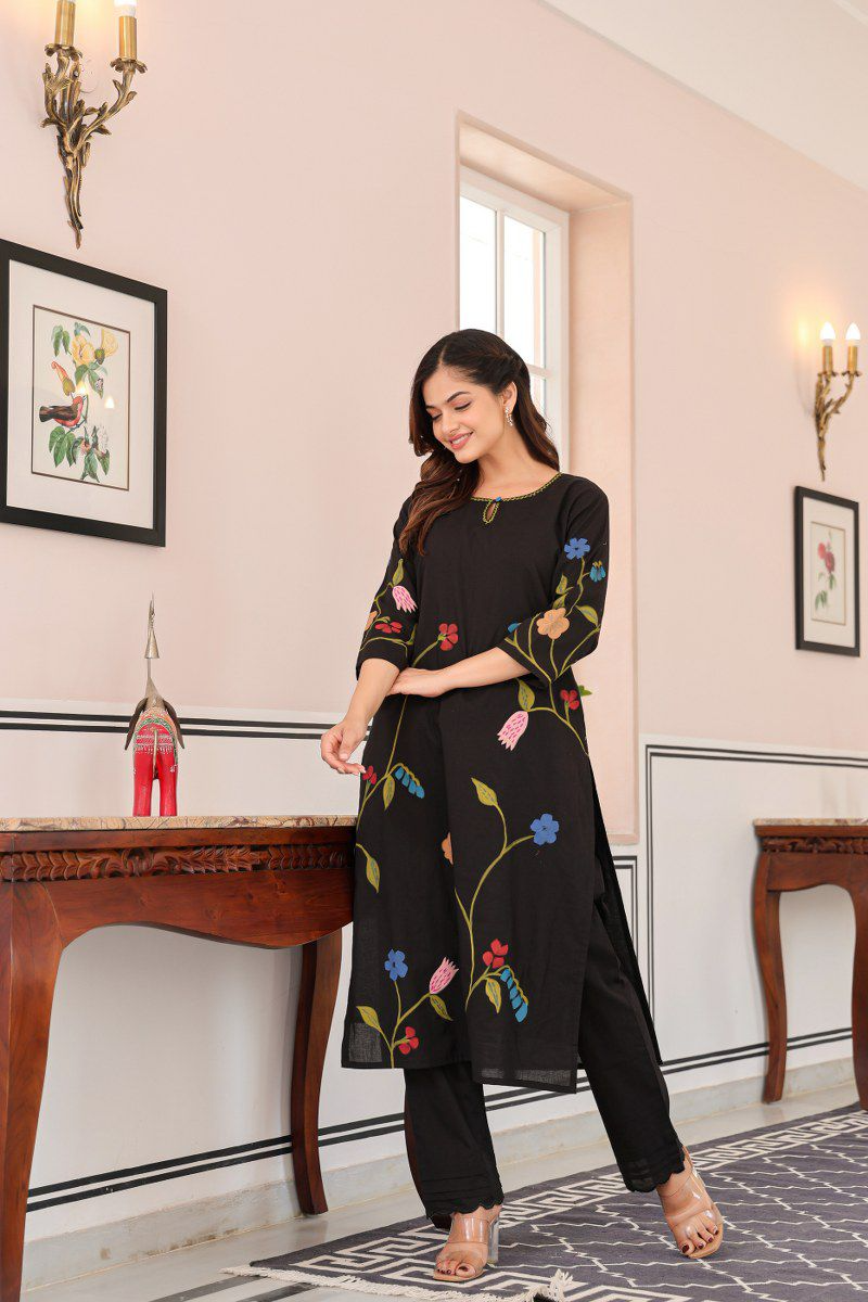 Black Brush Paint Cotton Kurti & Pant