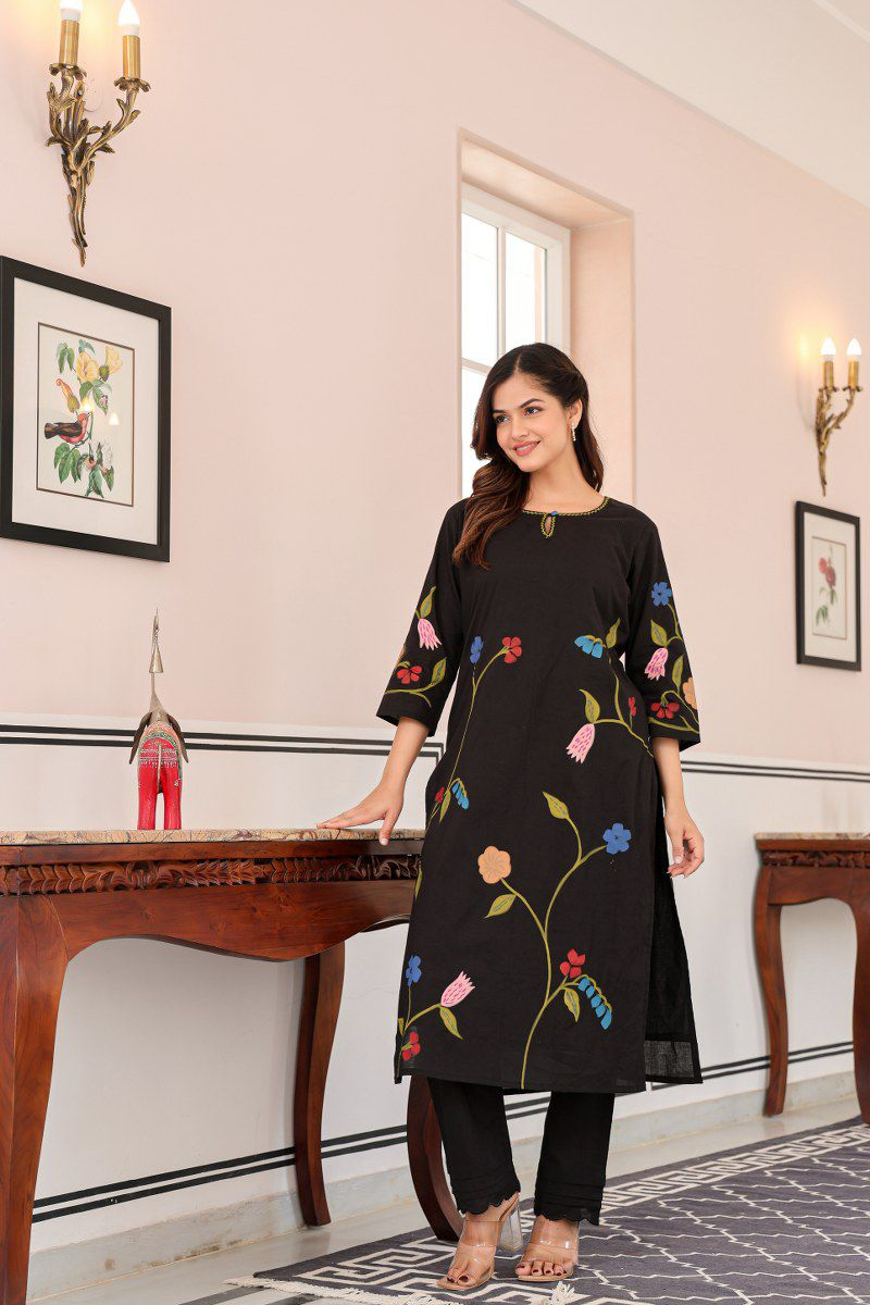 Black Brush Paint Cotton Kurti & Pant