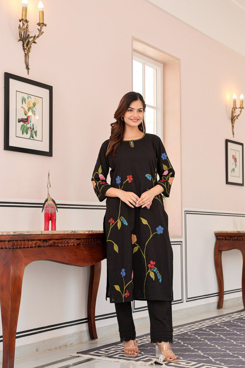 Black Brush Paint Cotton Kurti & Pant