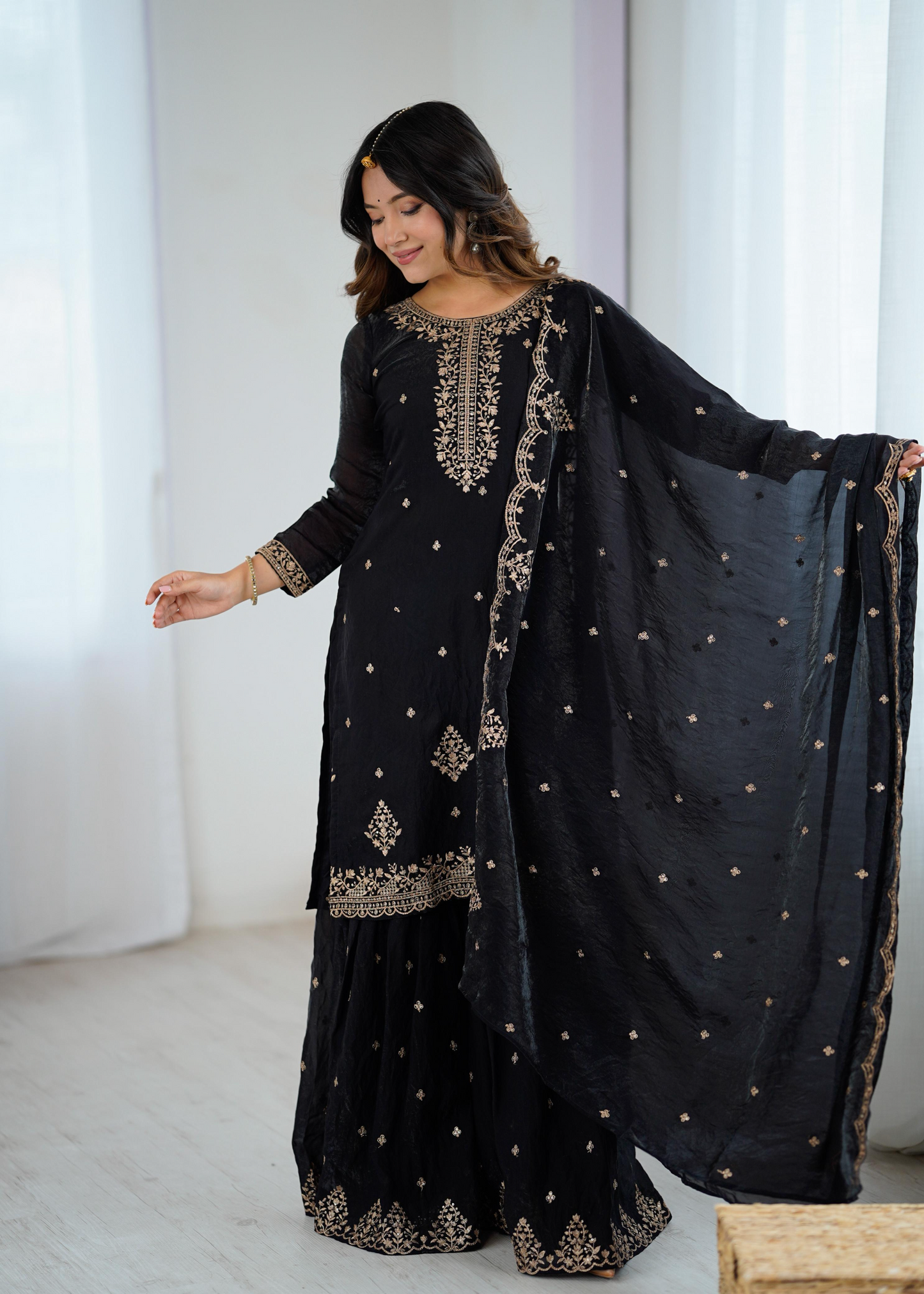 Soft Crunchy Silk Sequence Embroidered Sharara Set