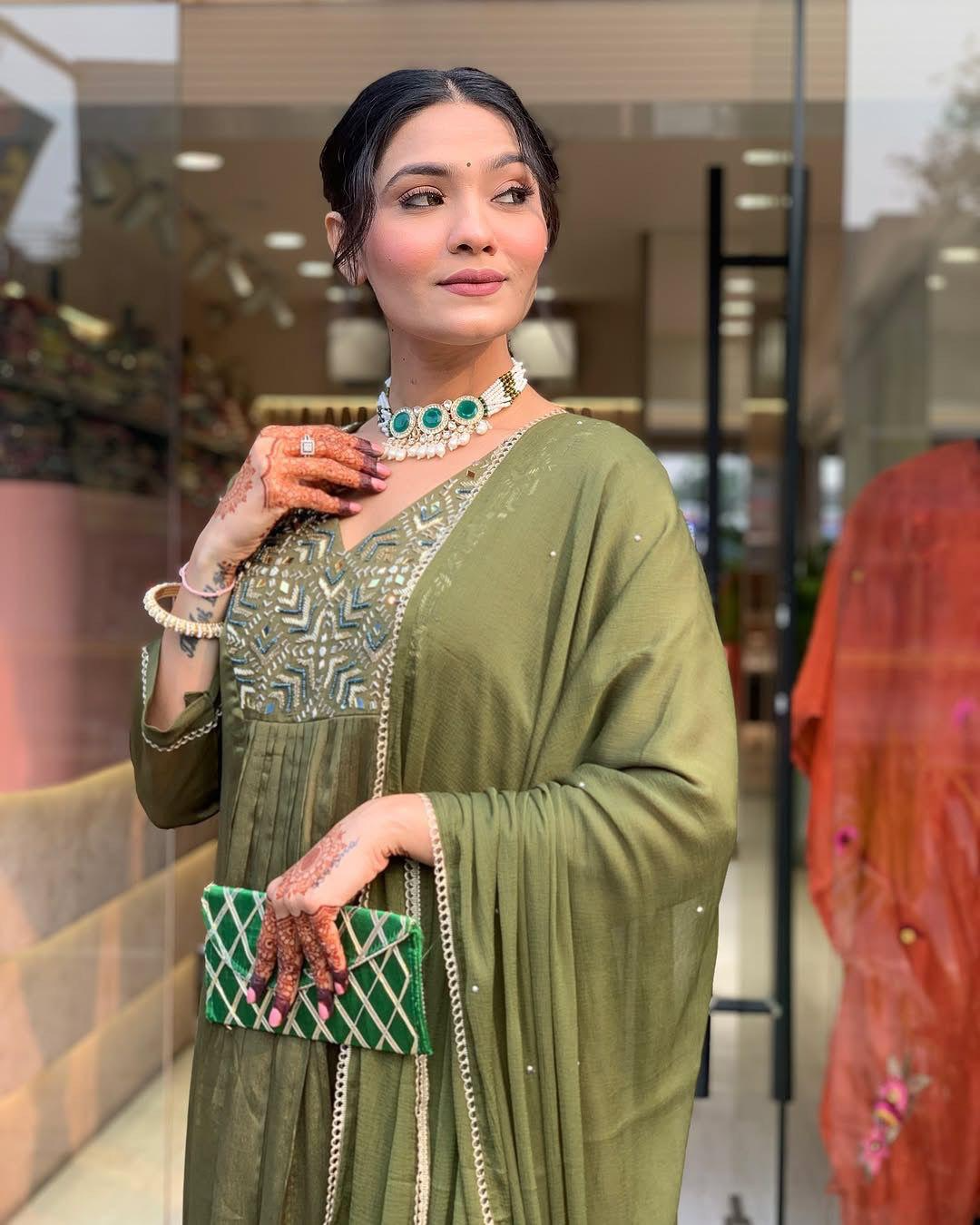 Muted Earthy Green Chinnon Embroidered Suit Set
