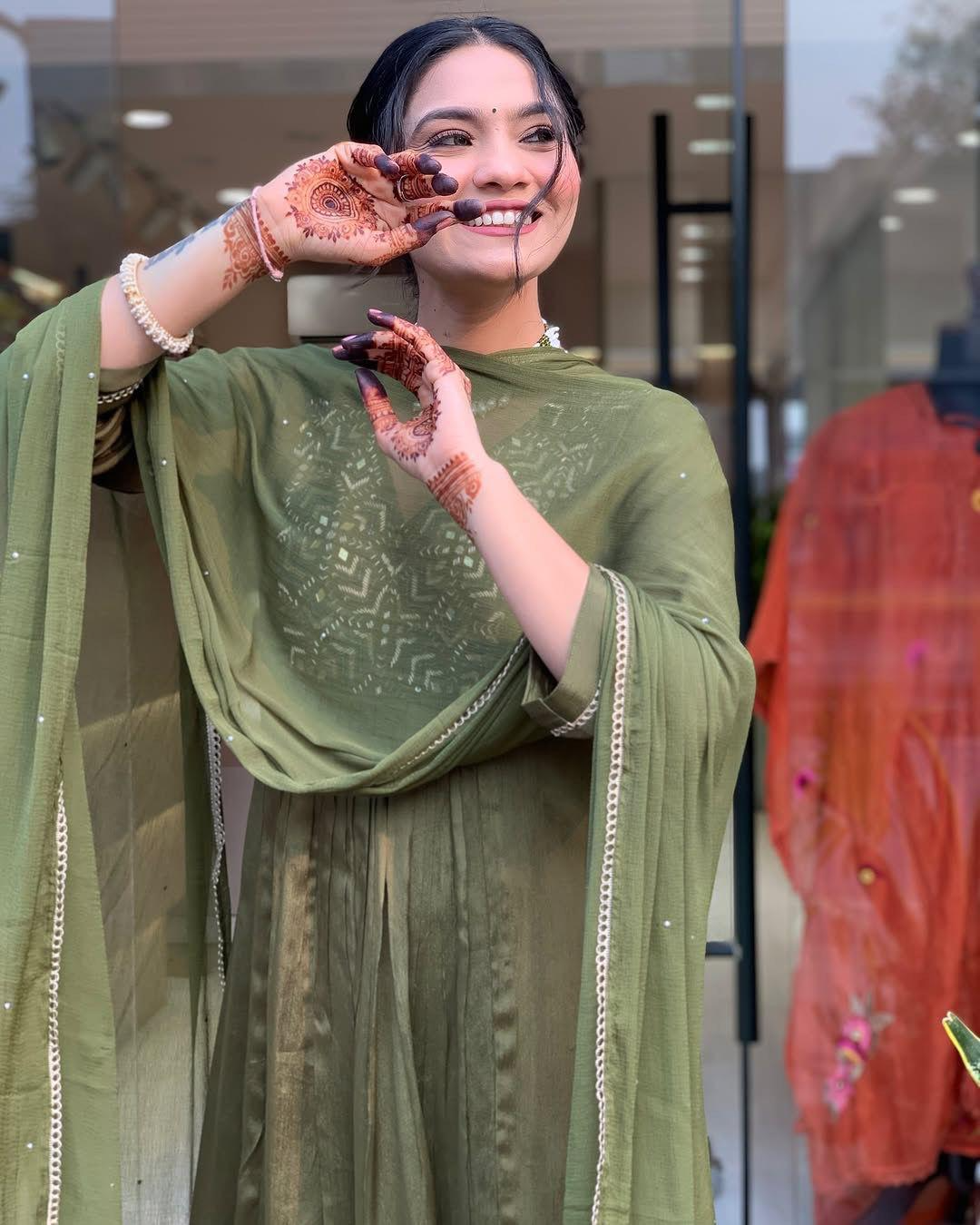 Muted Earthy Green Chinnon Embroidered Suit Set