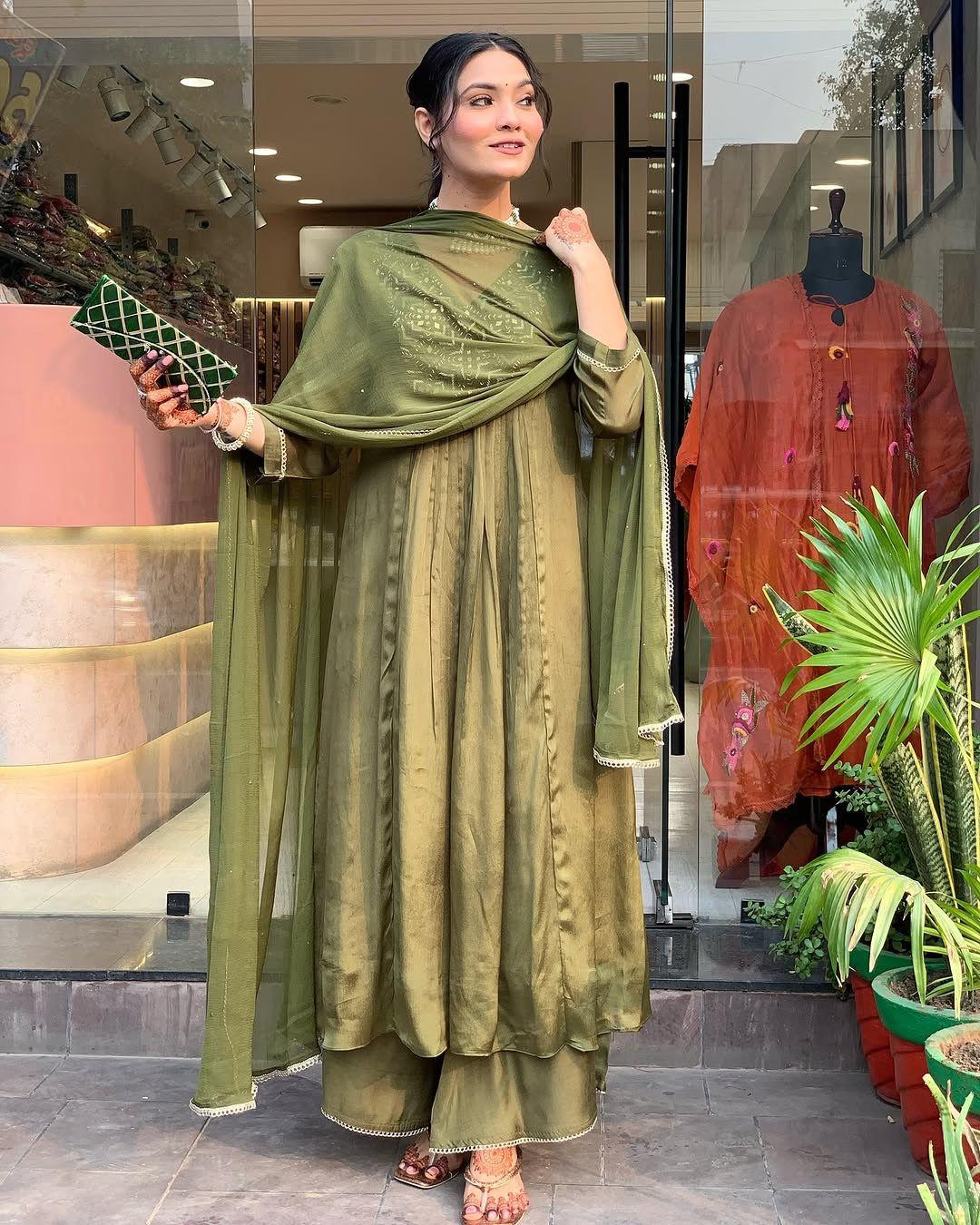 Muted Earthy Green Chinnon Embroidered Suit Set