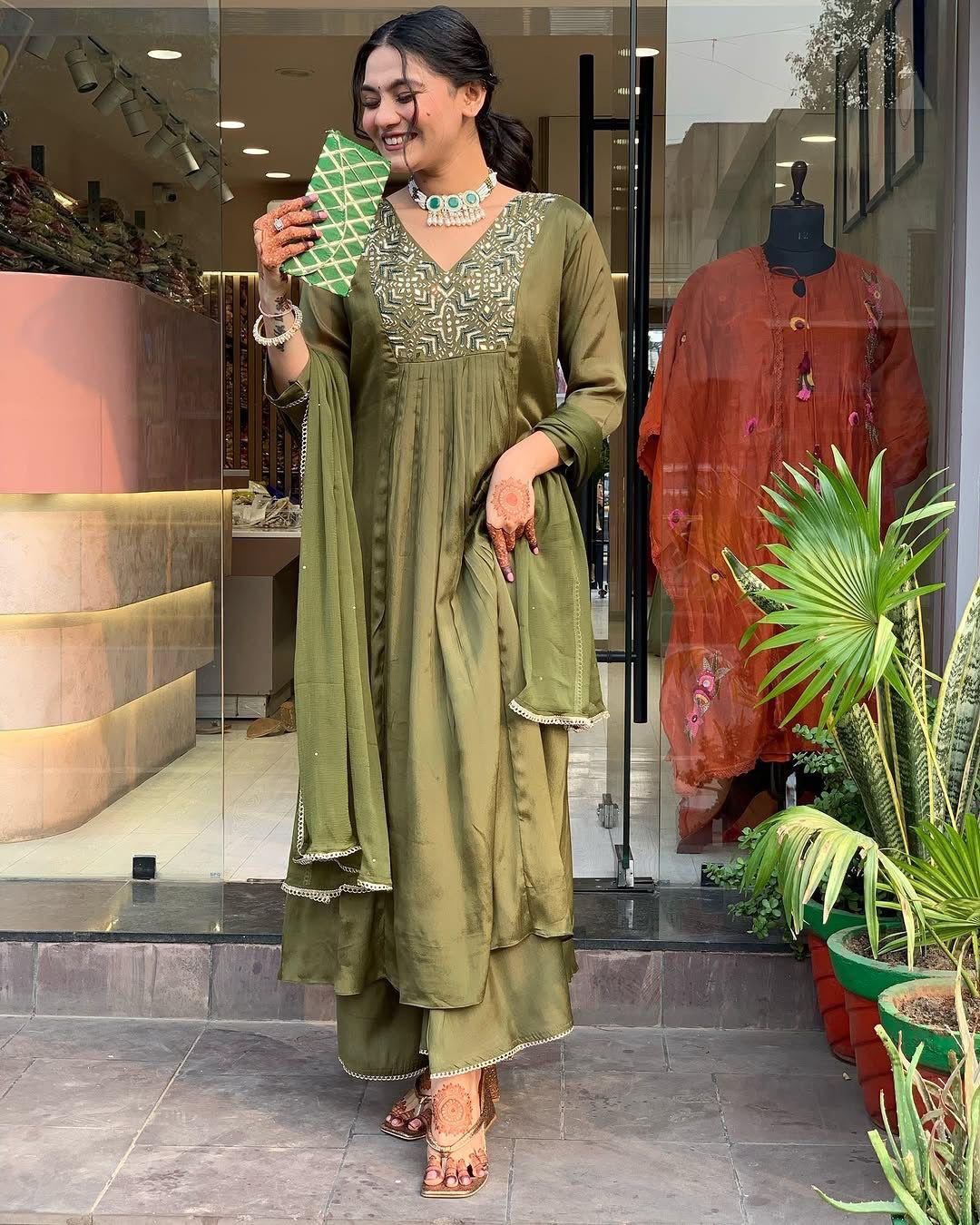 Muted Earthy Green Chinnon Embroidered Suit Set