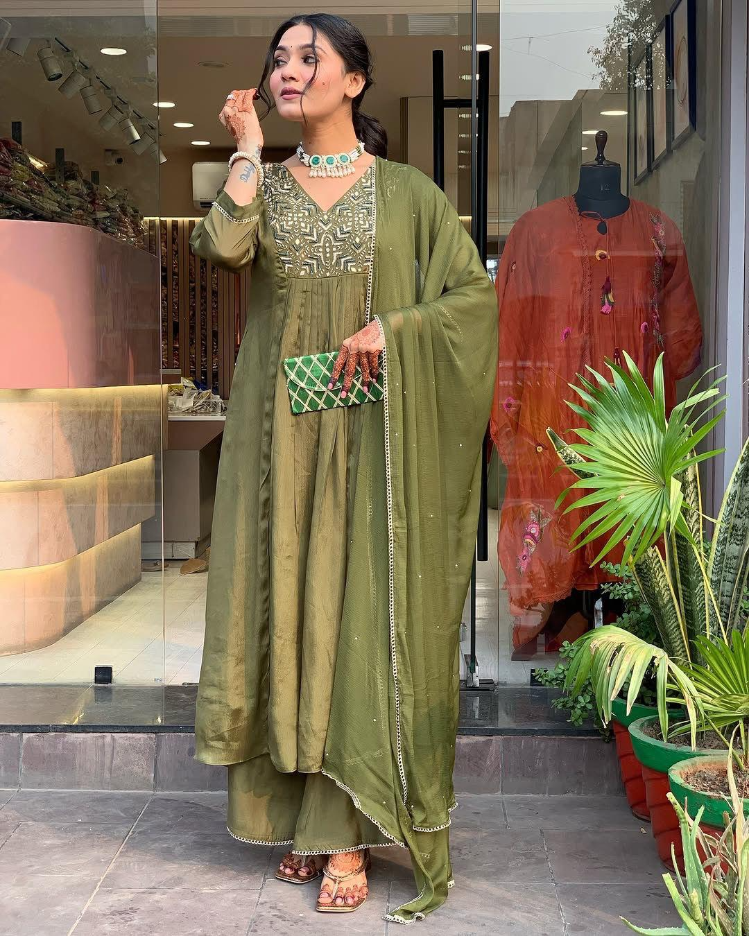 Muted Earthy Green Chinnon Embroidered Suit Set