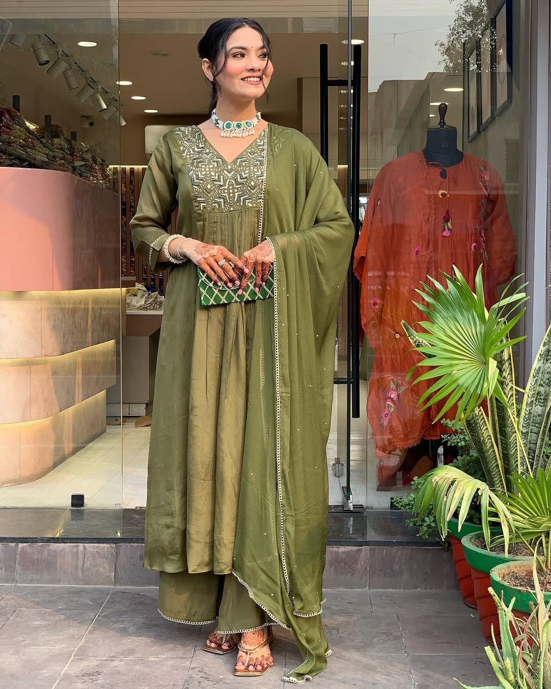 Muted Earthy Green Chinnon Embroidered Suit Set