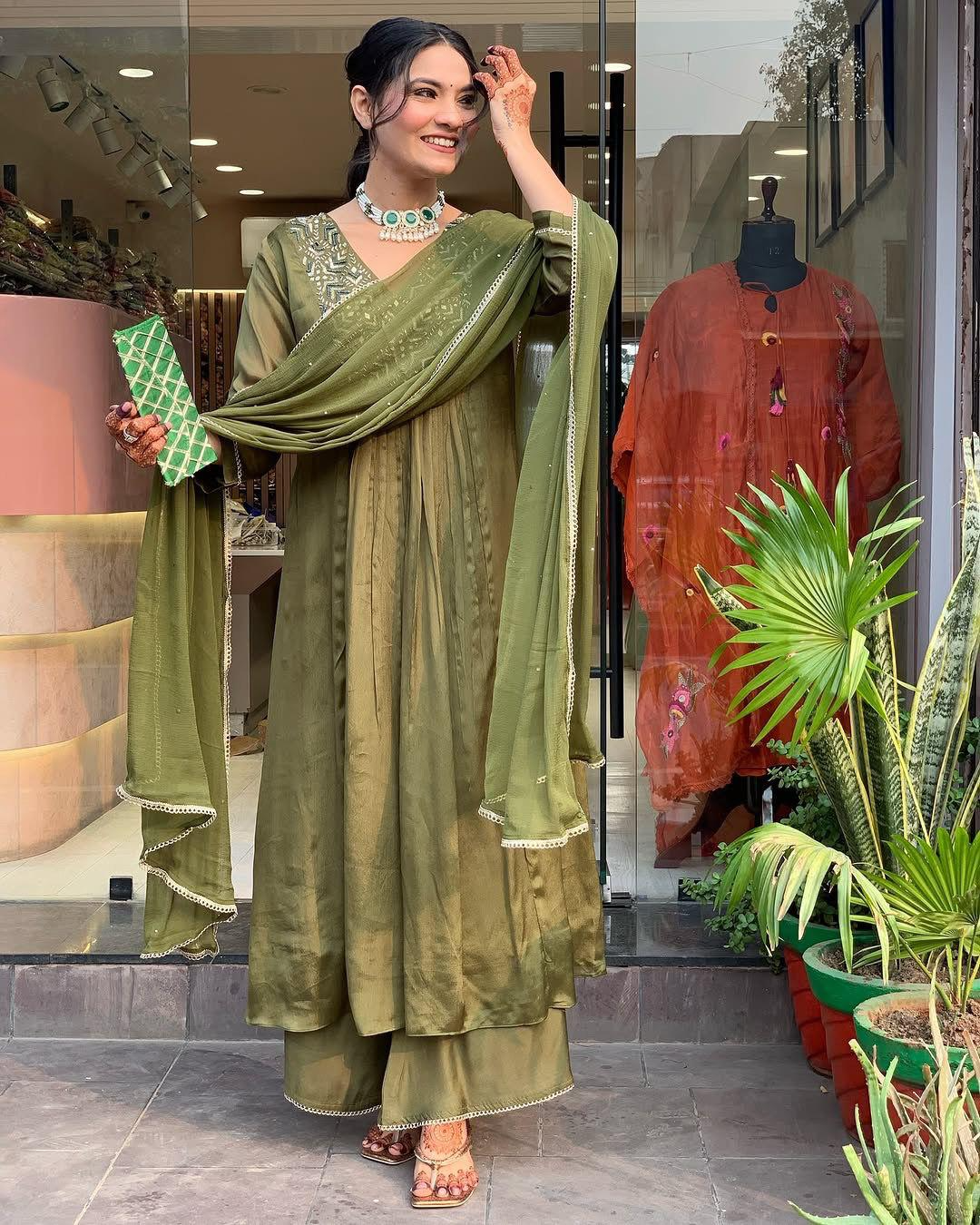 Muted Earthy Green Chinnon Embroidered Suit Set