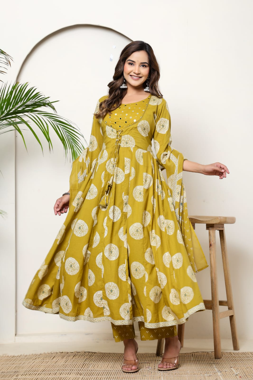 Mustard Cotton Anarkali Suit Set