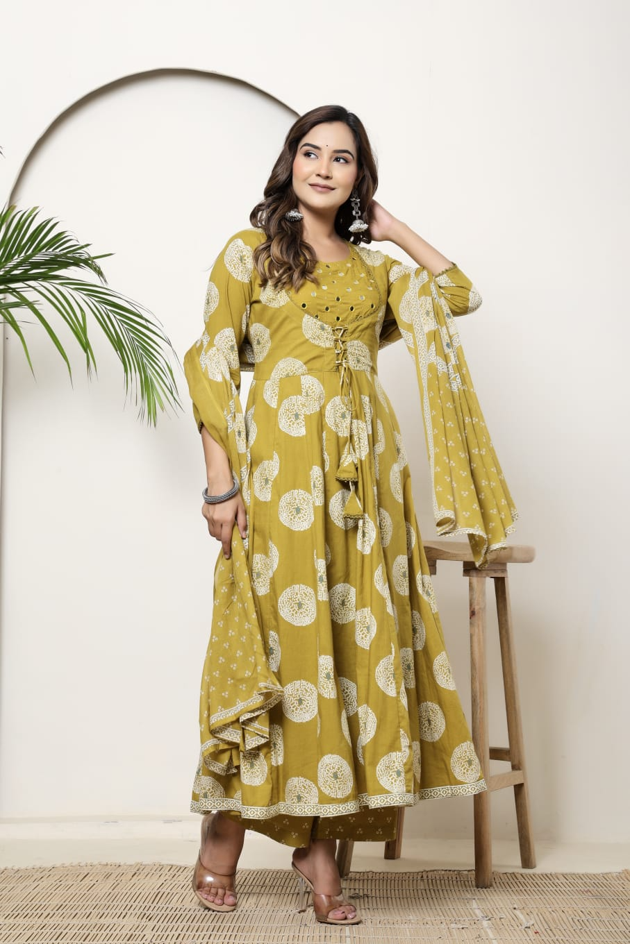Mustard Cotton Anarkali Suit Set