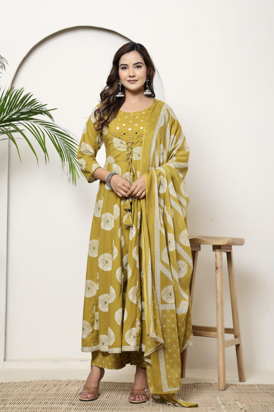 Mustard Cotton Anarkali Suit Set