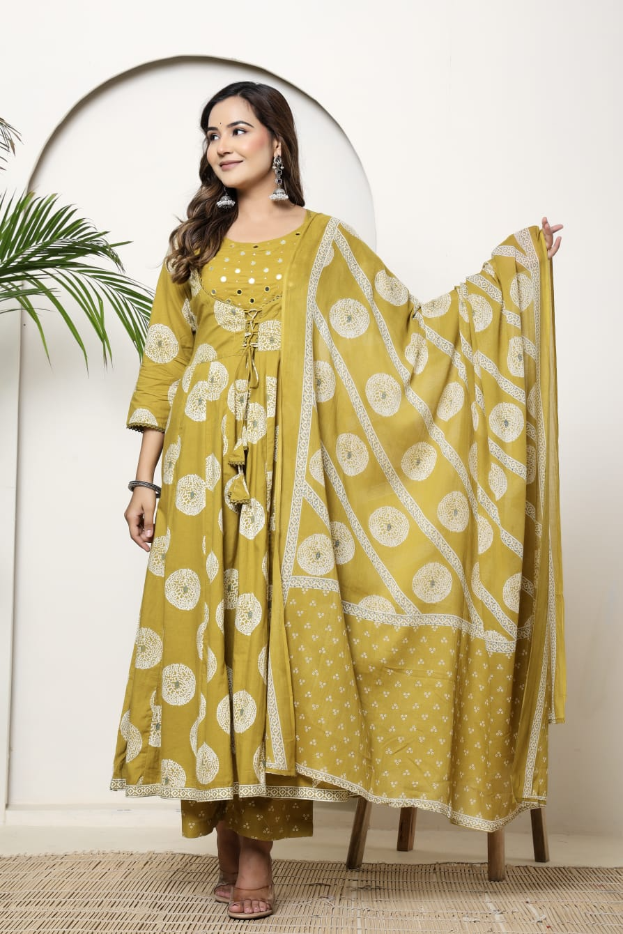 Mustard Cotton Anarkali Suit Set