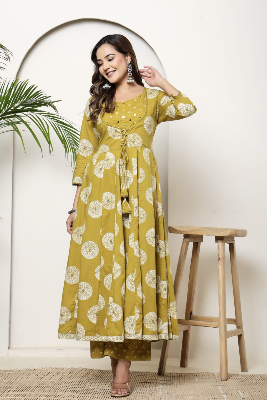 Mustard Cotton Anarkali Suit Set