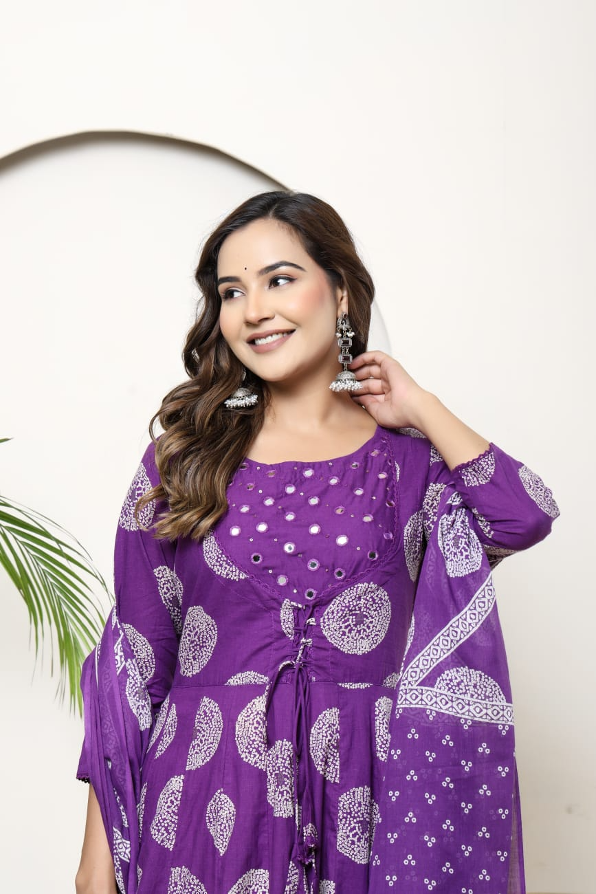 Purple Cotton Anarkali Suit Set