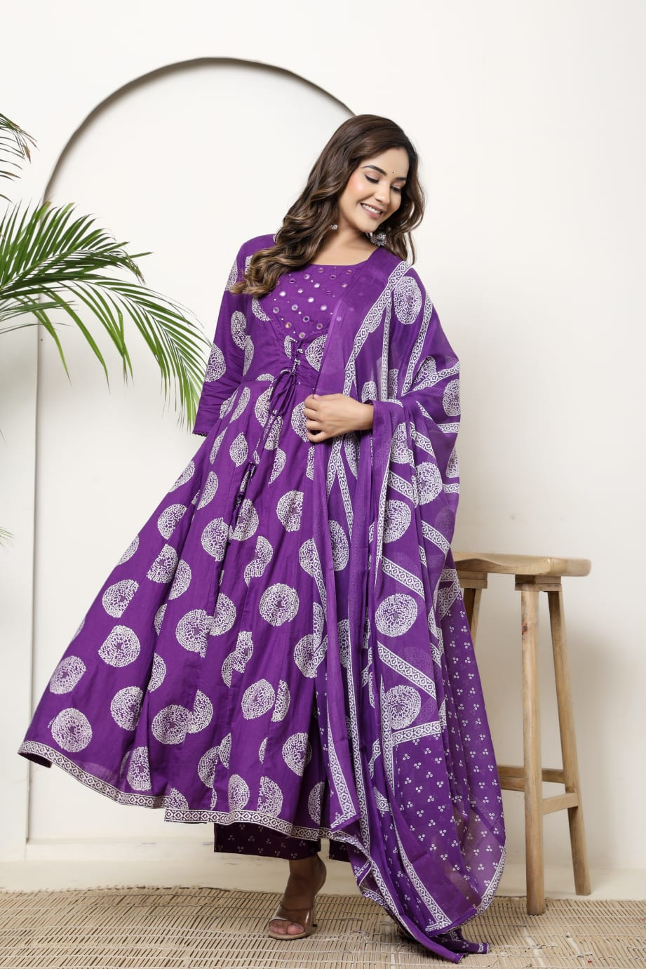 Purple Cotton Anarkali Suit Set