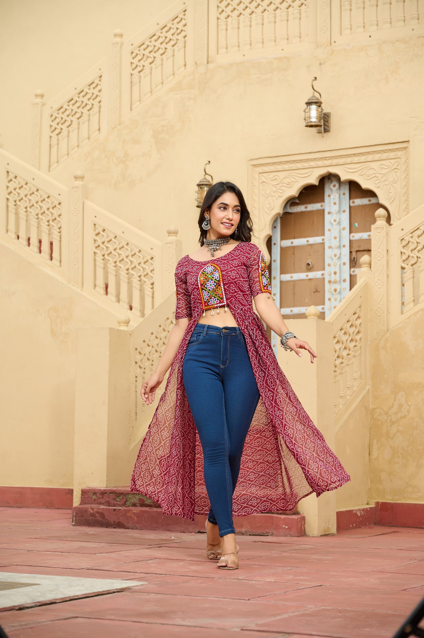 Bandhani Printed kutchi Patch Work Georgette Kurti- Red