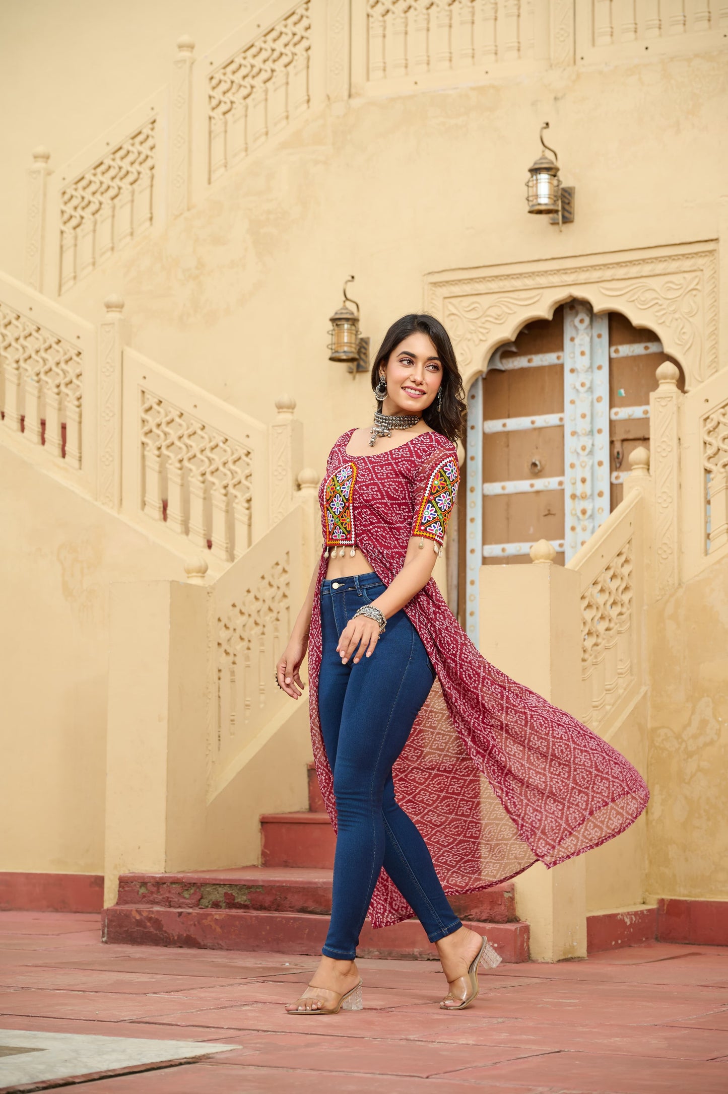 Bandhani Printed kutchi Patch Work Georgette Kurti- Red
