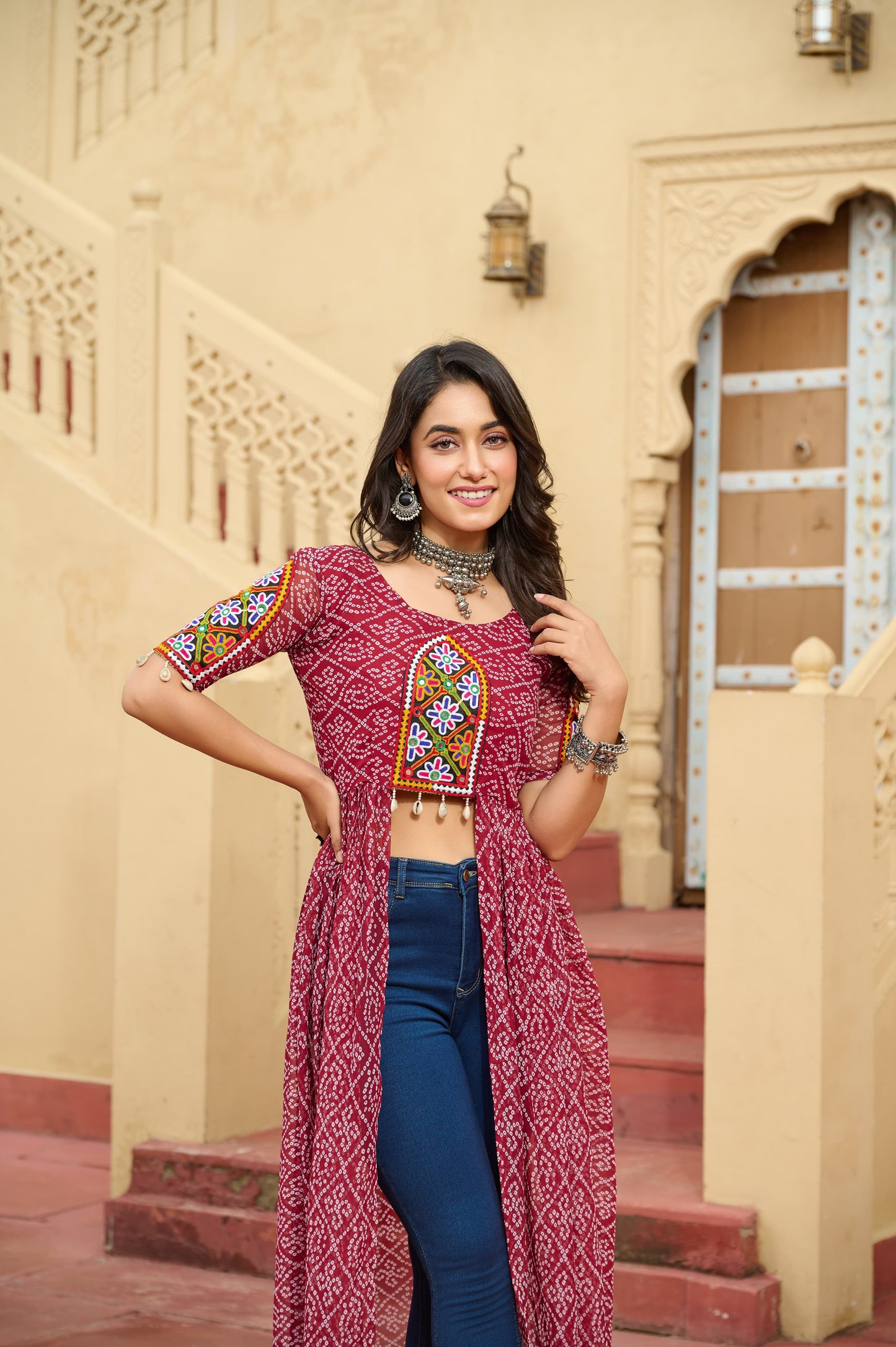 Bandhani Printed kutchi Patch Work Georgette Kurti- Red