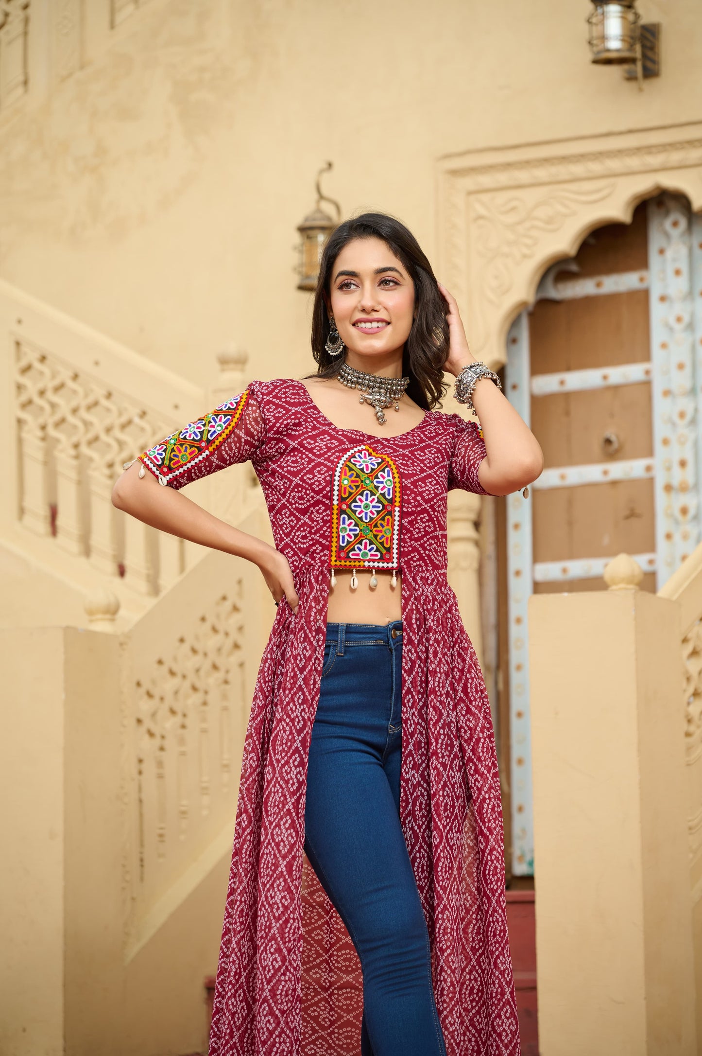 Bandhani Printed kutchi Patch Work Georgette Kurti- Red