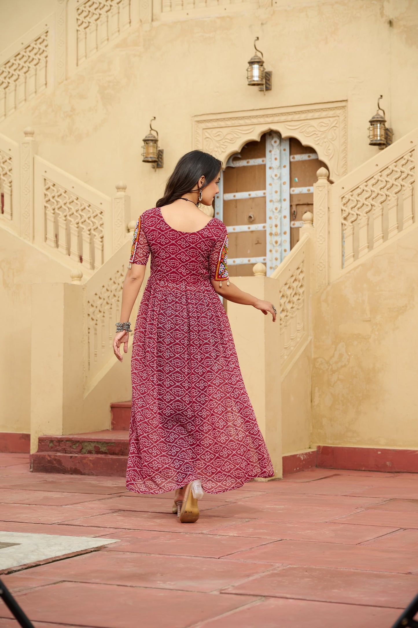 Bandhani Printed kutchi Patch Work Georgette Kurti- Red