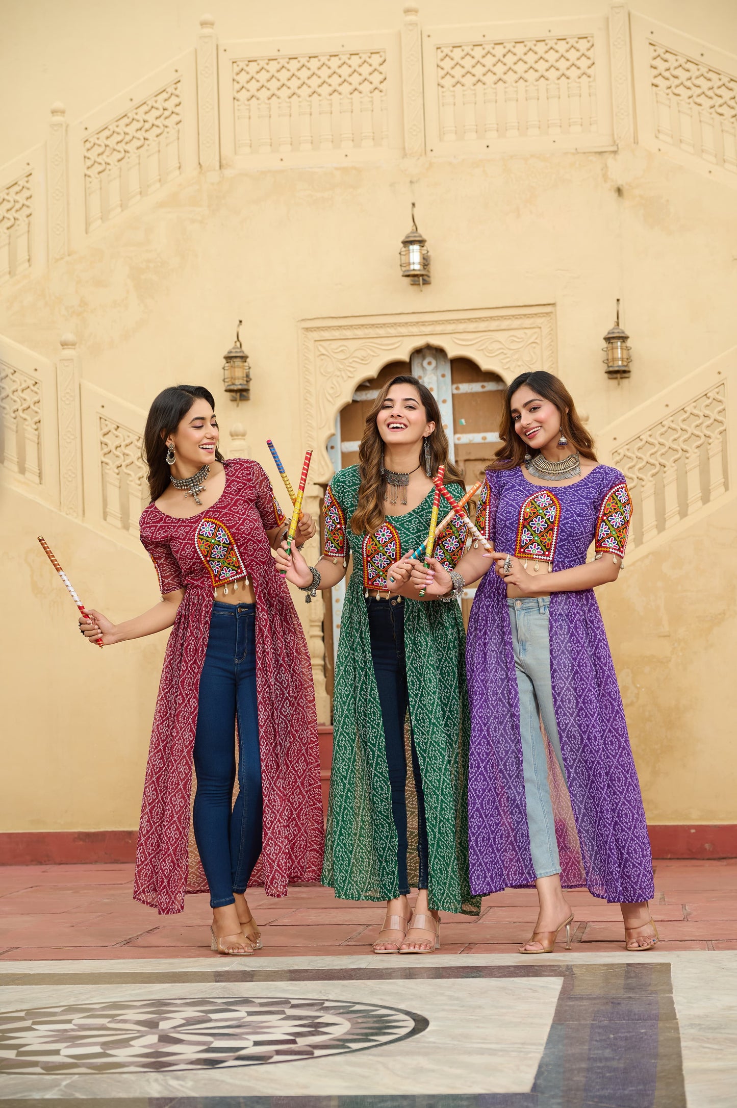 Bandhani Printed kutchi Patch Work Georgette Kurti- Green