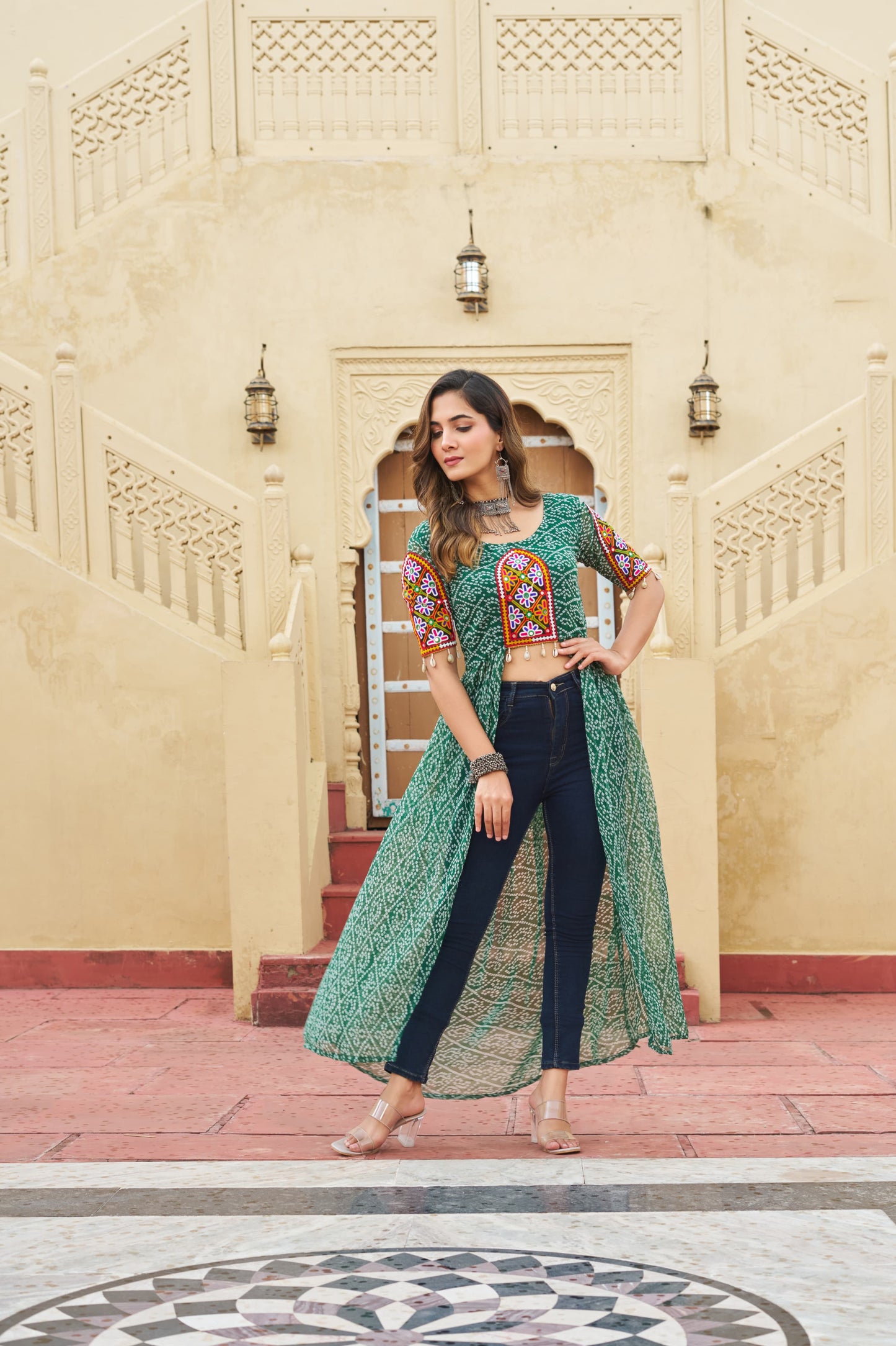 Bandhani Printed kutchi Patch Work Georgette Kurti- Green