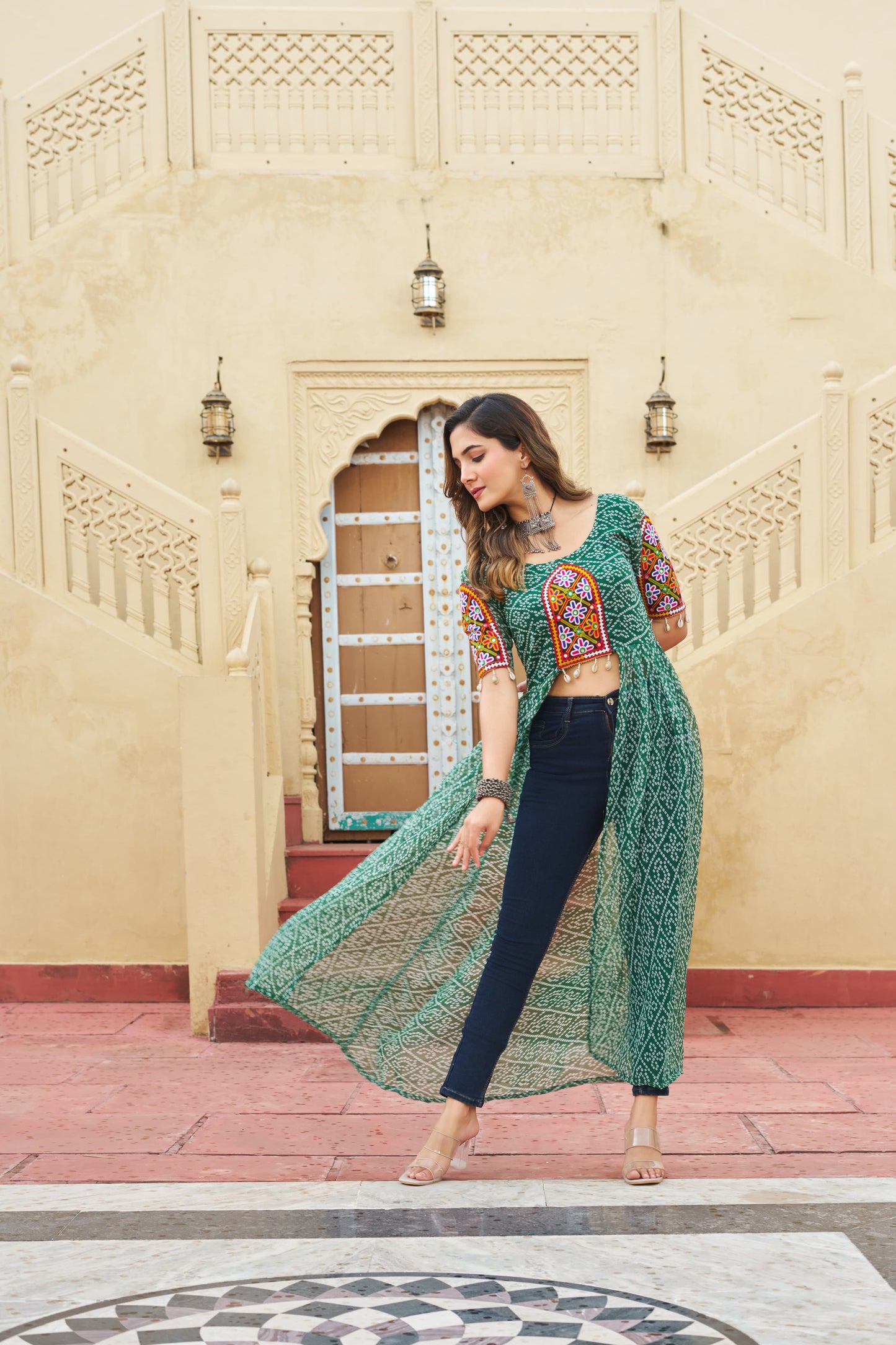 Bandhani Printed kutchi Patch Work Georgette Kurti- Green