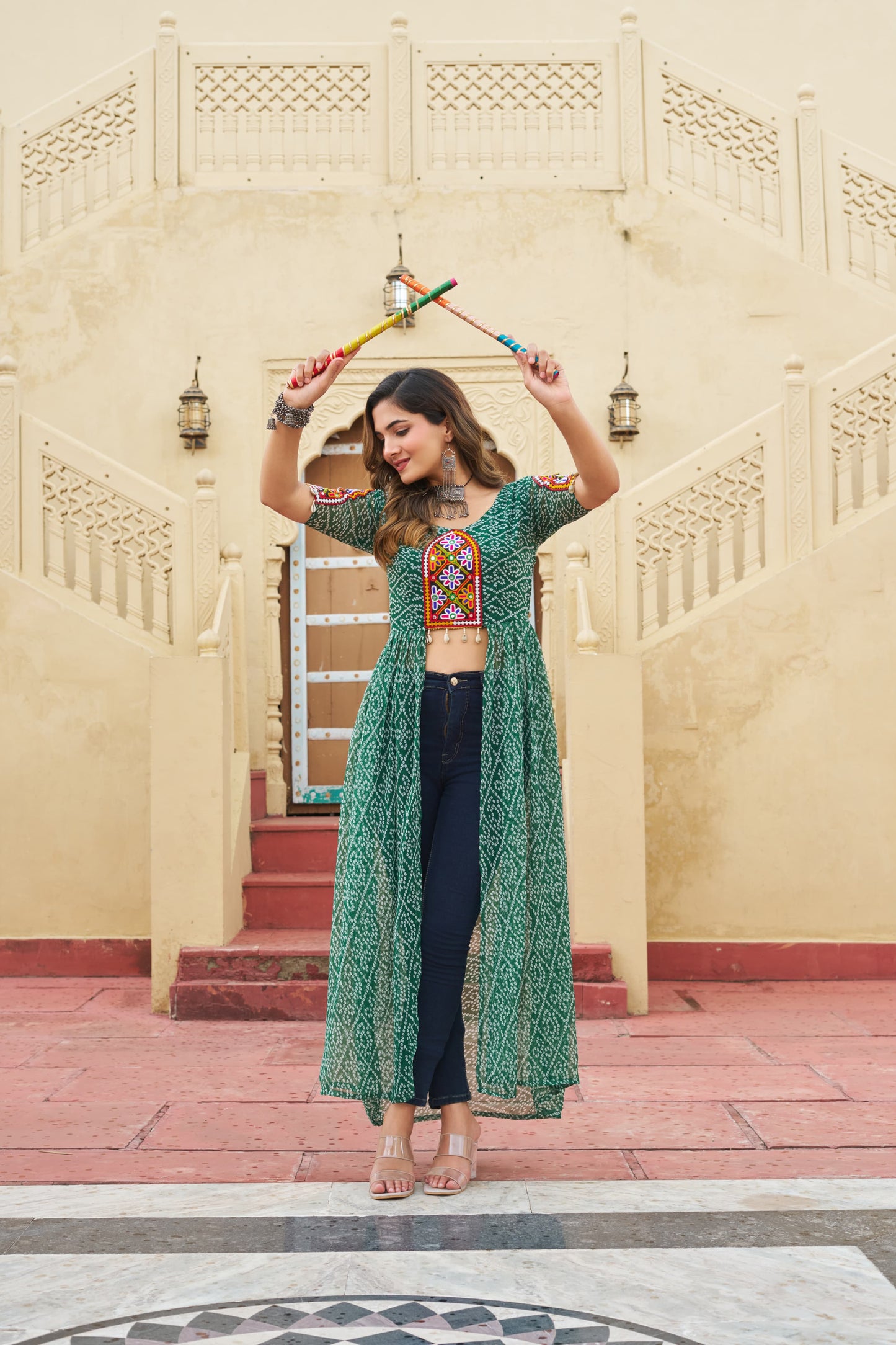 Bandhani Printed kutchi Patch Work Georgette Kurti- Green