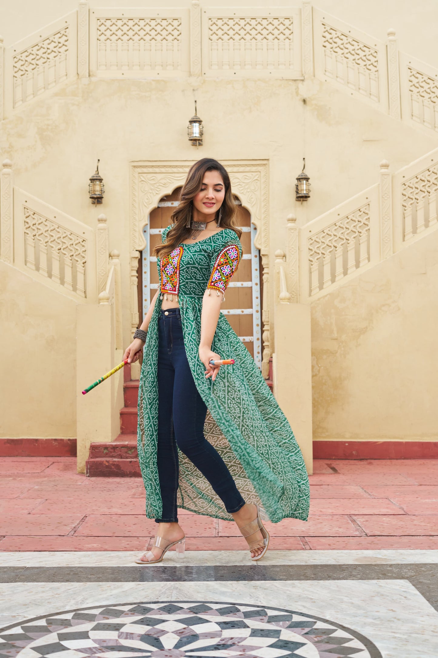 Bandhani Printed kutchi Patch Work Georgette Kurti- Green