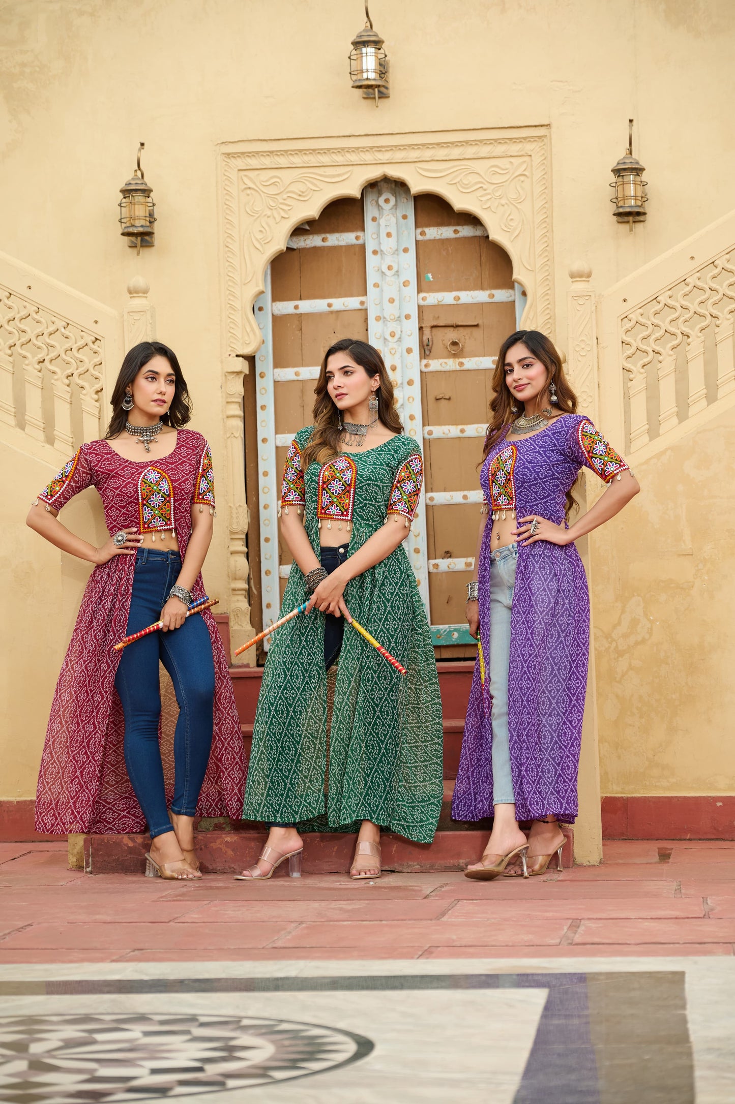 Bandhani Printed kutchi Patch Work Georgette Kurti- Green