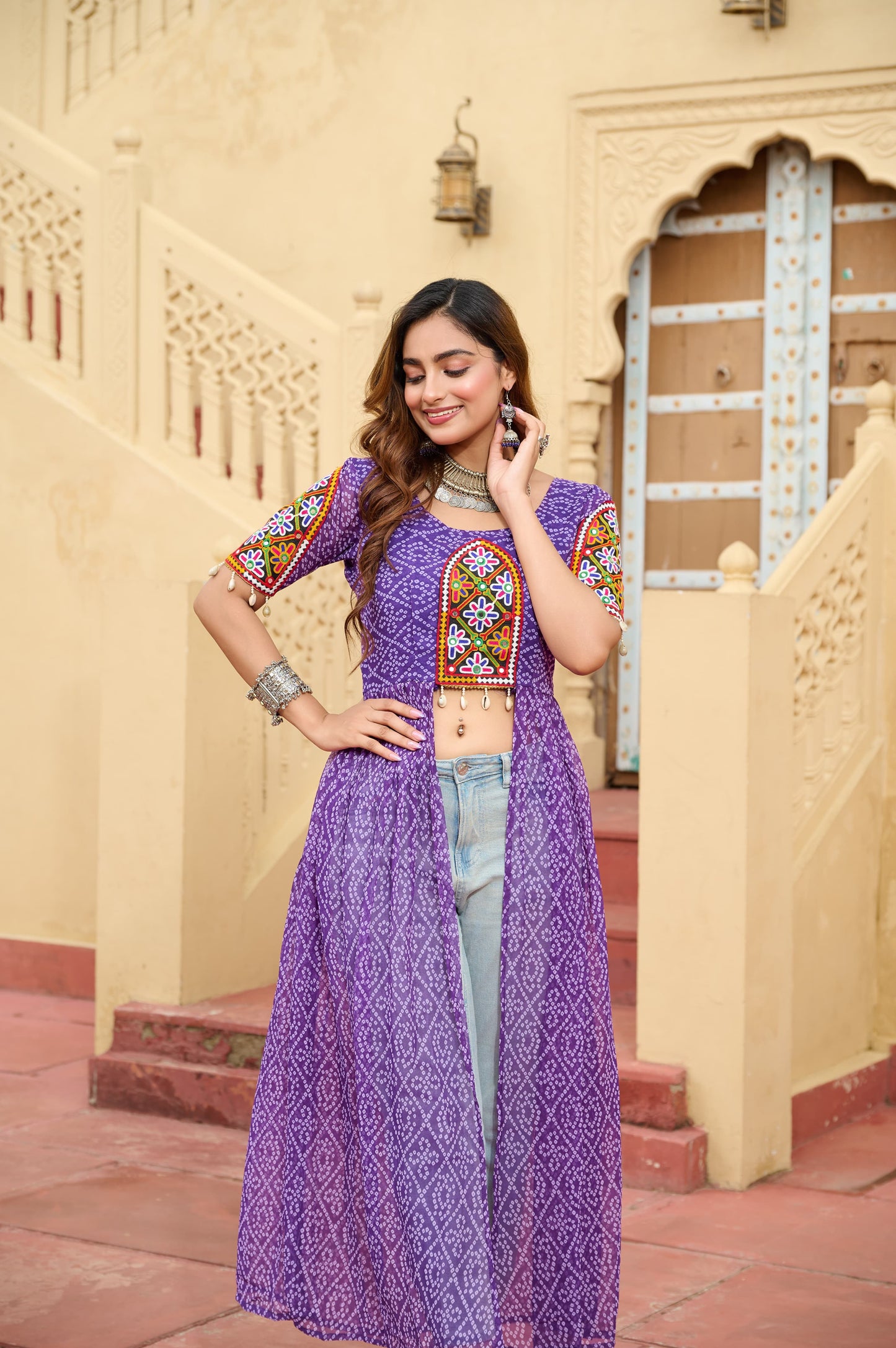Bandhani Printed kutchi Patch Work Georgette Kurti- Lavender