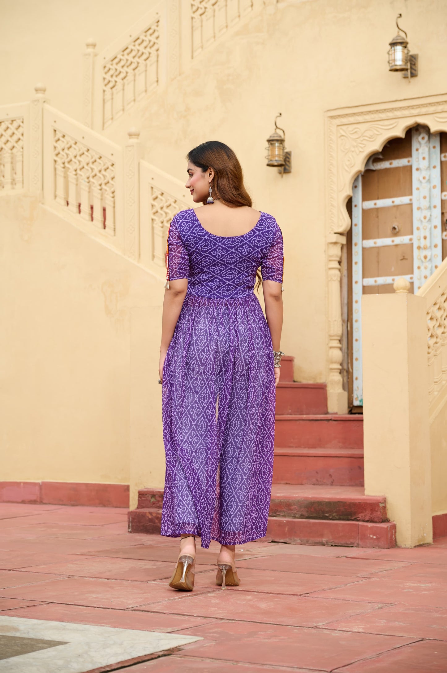 Bandhani Printed kutchi Patch Work Georgette Kurti- Lavender