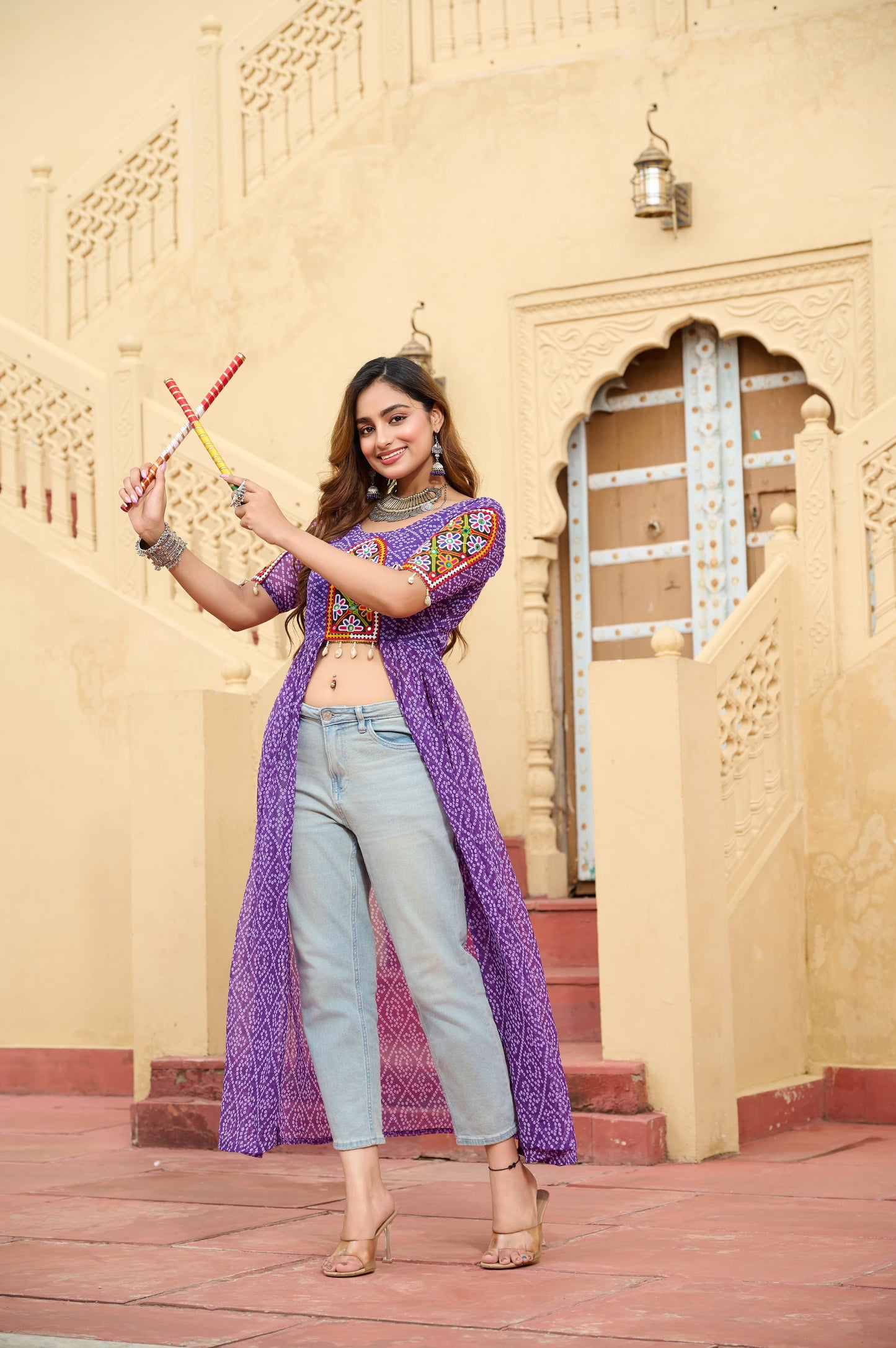 Bandhani Printed kutchi Patch Work Georgette Kurti- Lavender