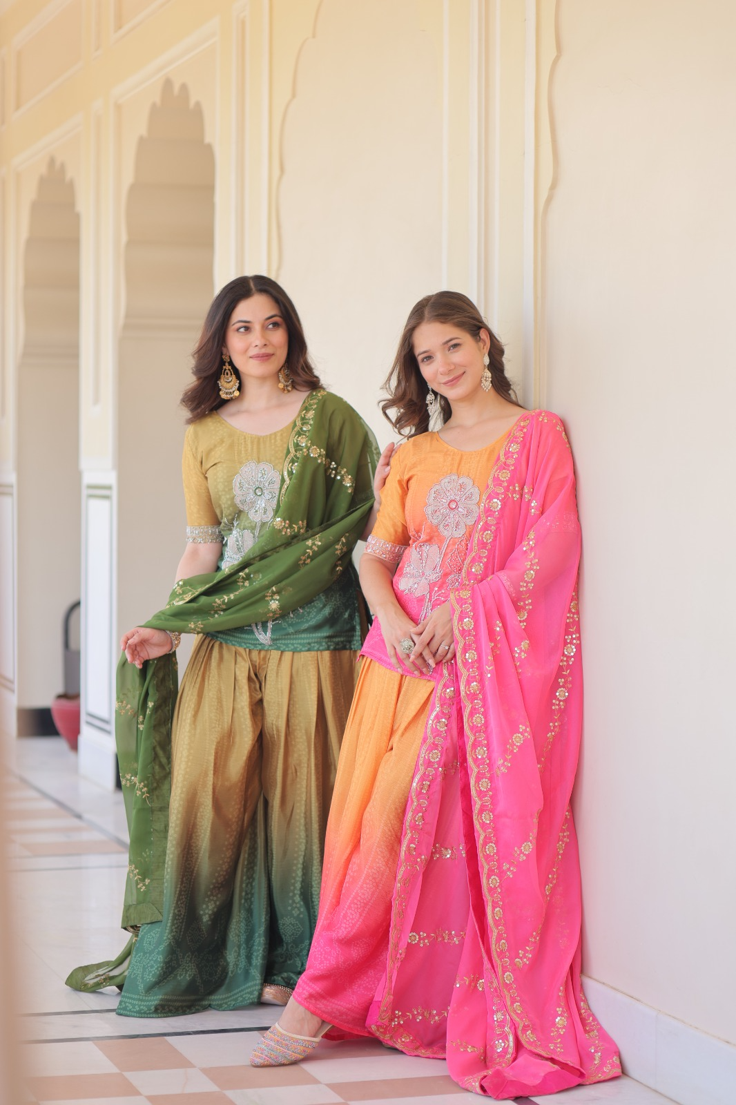 Mustard Green Chinon Print With Beads Embroidered Sharara Set