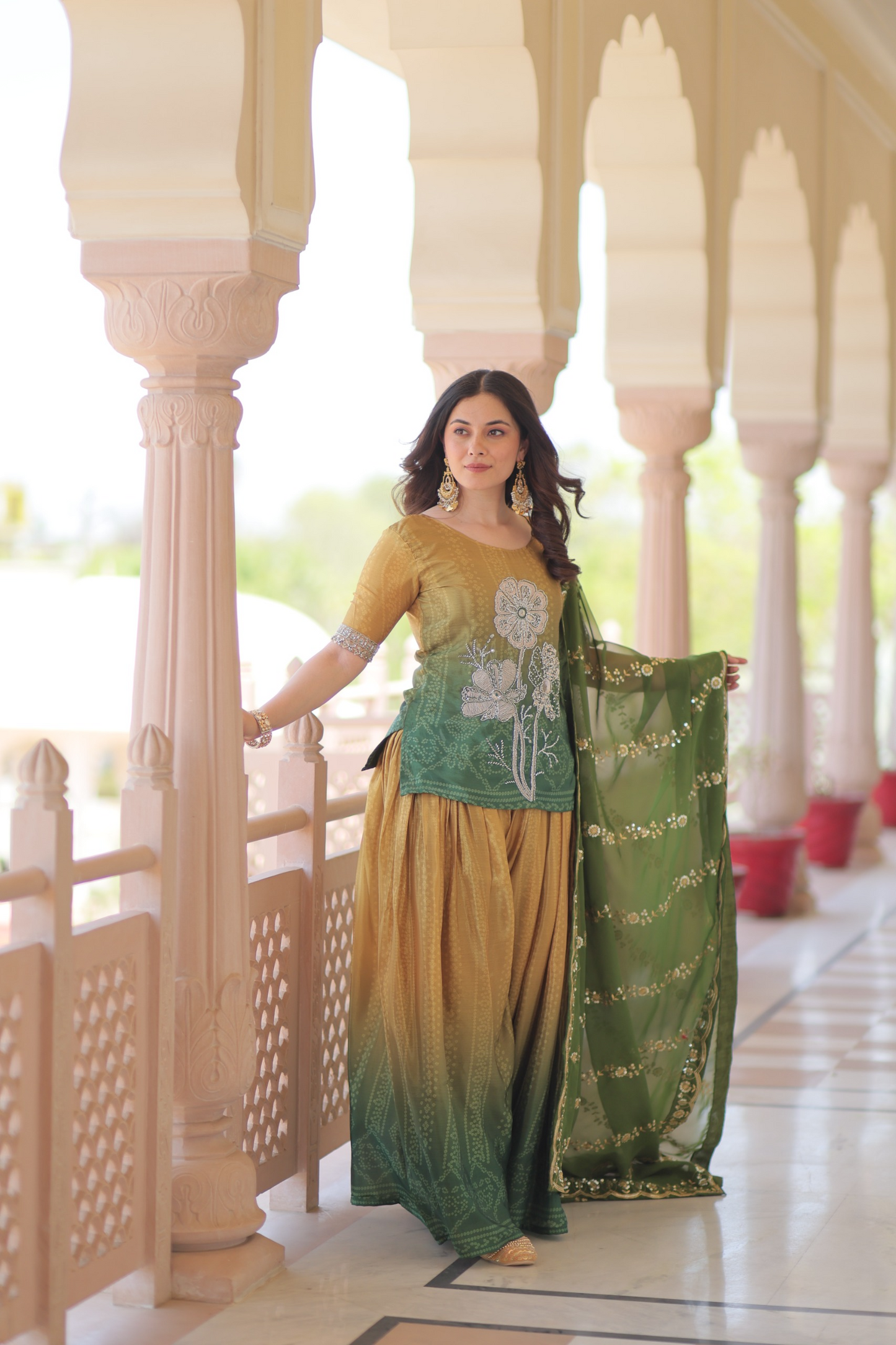 Mustard Green Chinon Print With Beads Embroidered Sharara Set