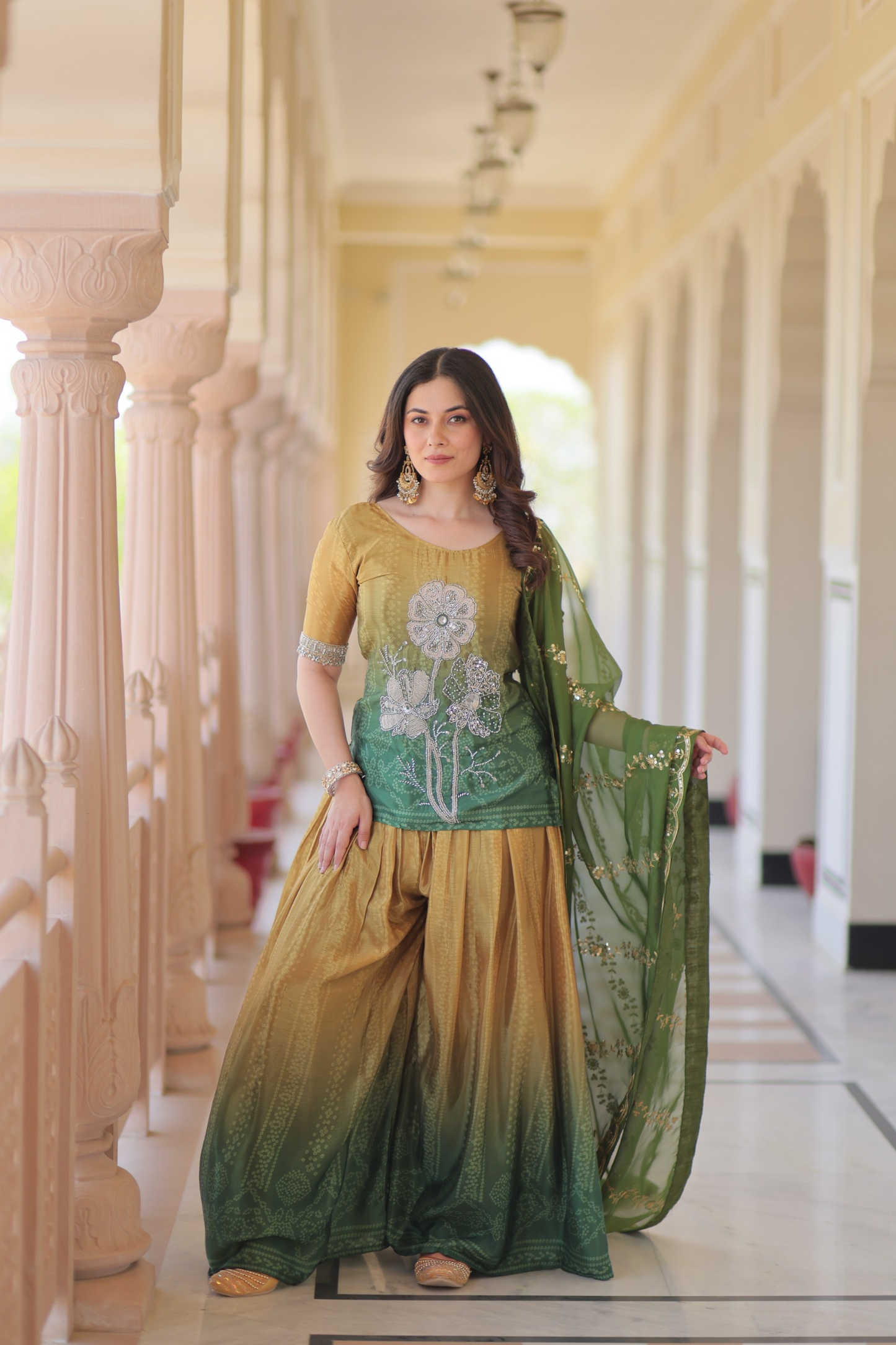 Mustard Green Chinon Print With Beads Embroidered Sharara Set