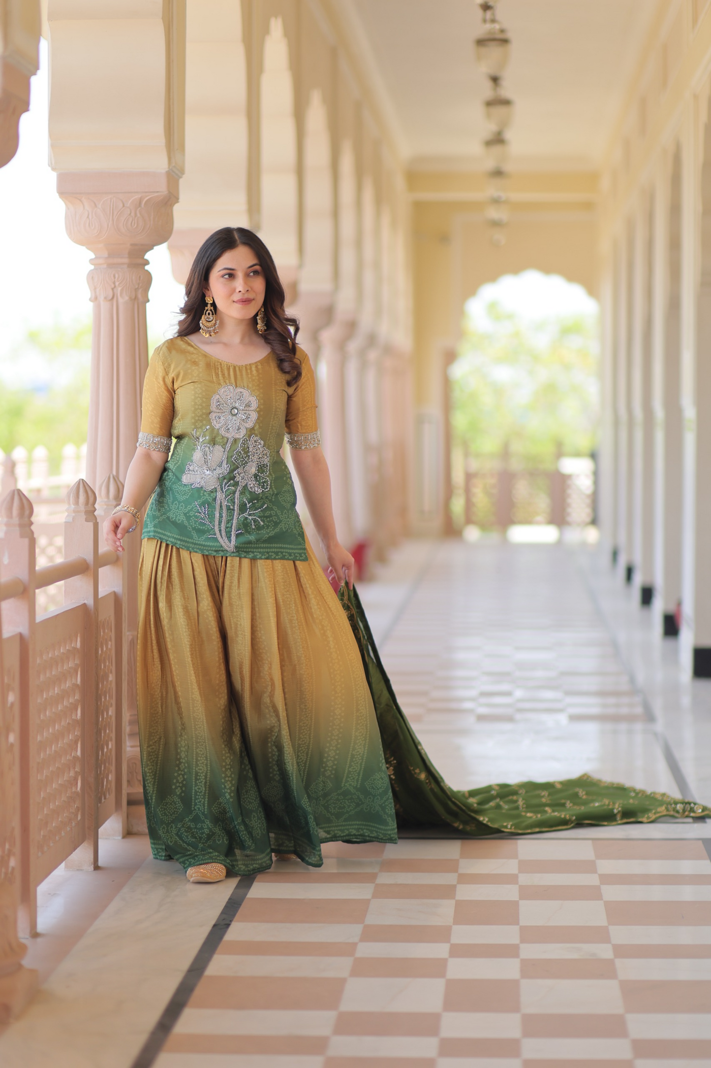 Mustard Green Chinon Print With Beads Embroidered Sharara Set