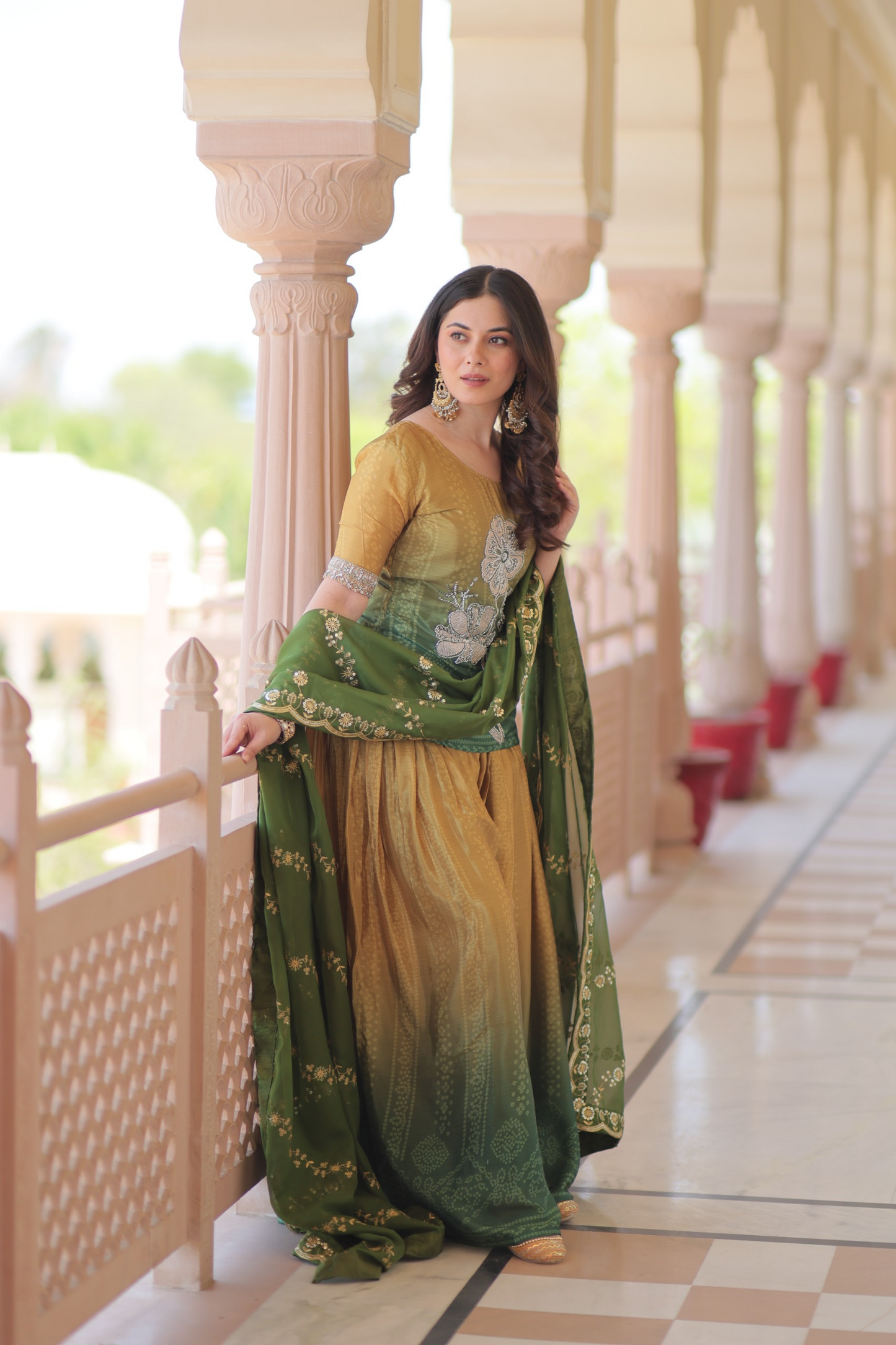 Mustard Green Chinon Print With Beads Embroidered Sharara Set