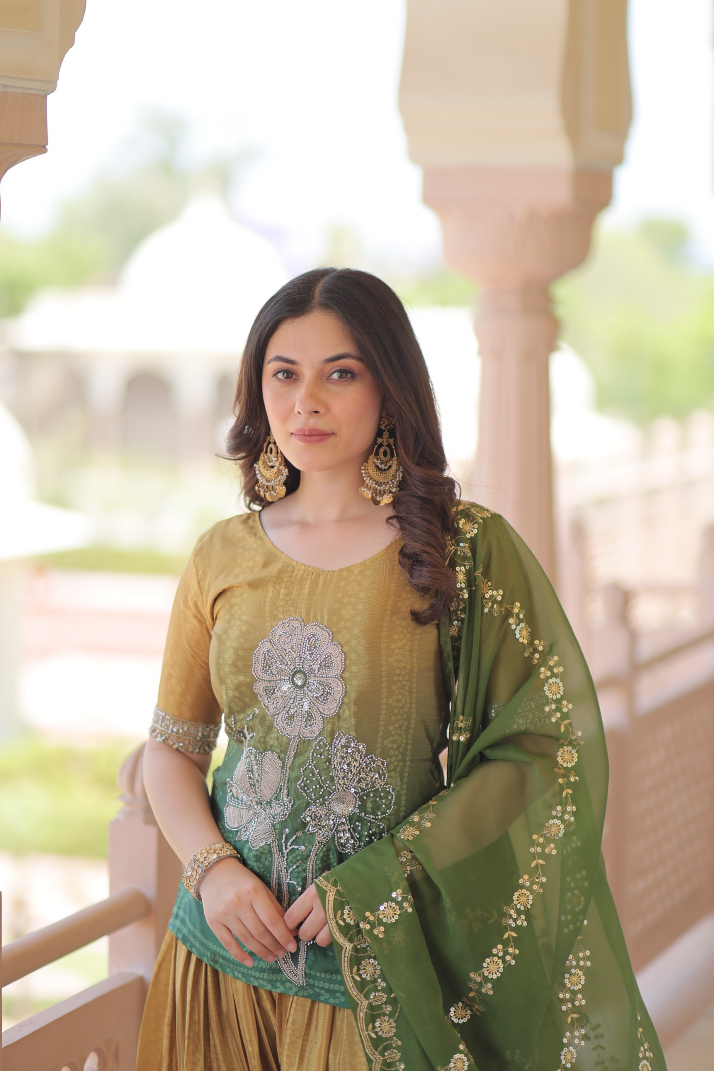 Mustard Green Chinon Print With Beads Embroidered Sharara Set