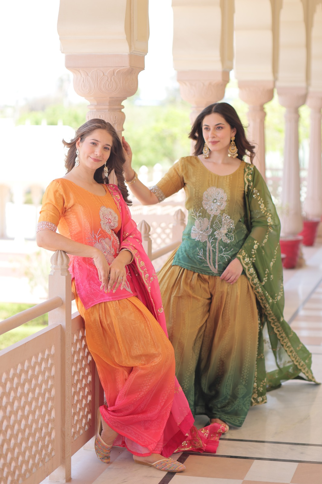 Mustard Green Chinon Print With Beads Embroidered Sharara Set