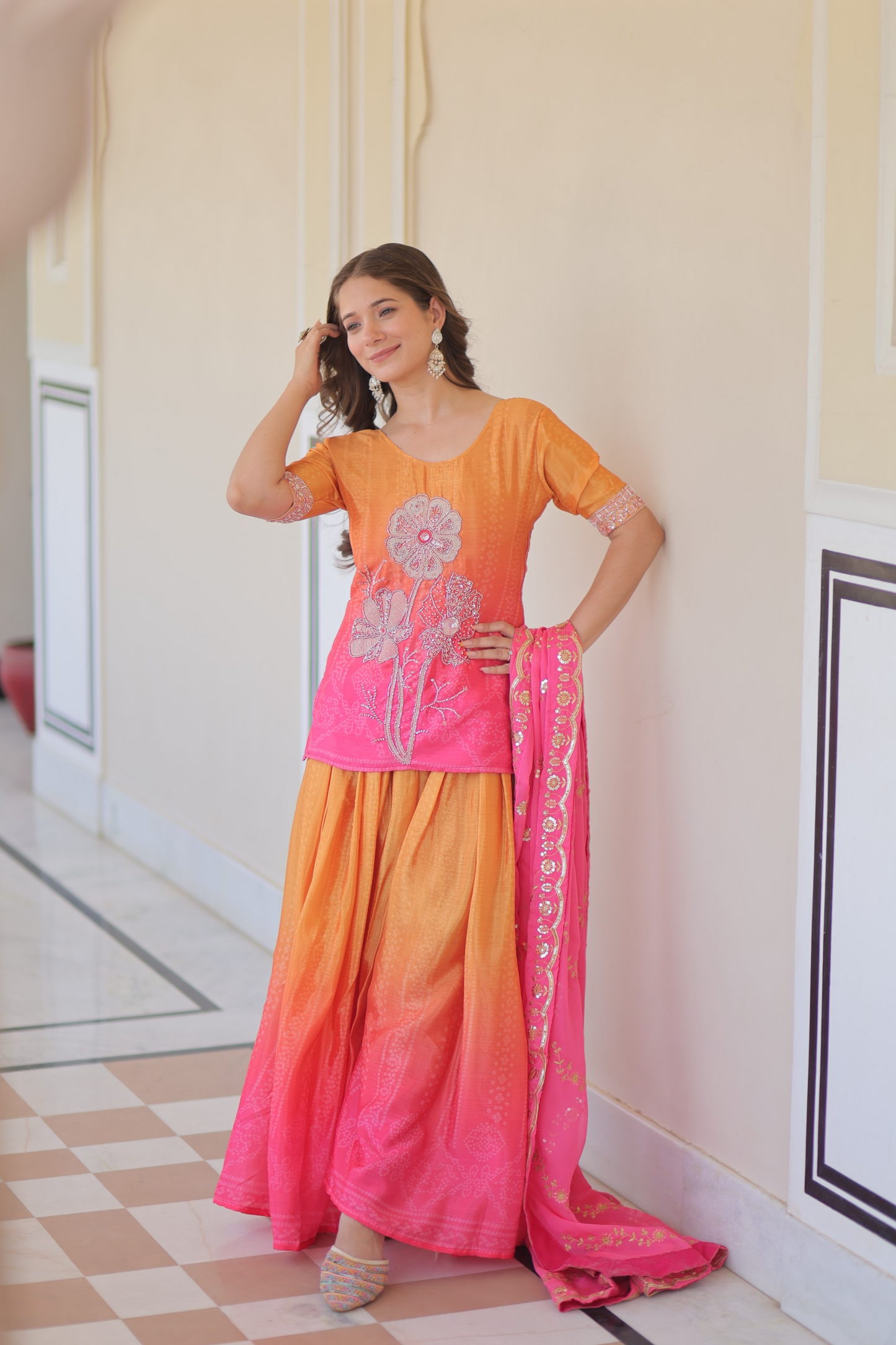 Orange Pink Chinon Print With Beads Embroidered Sharara